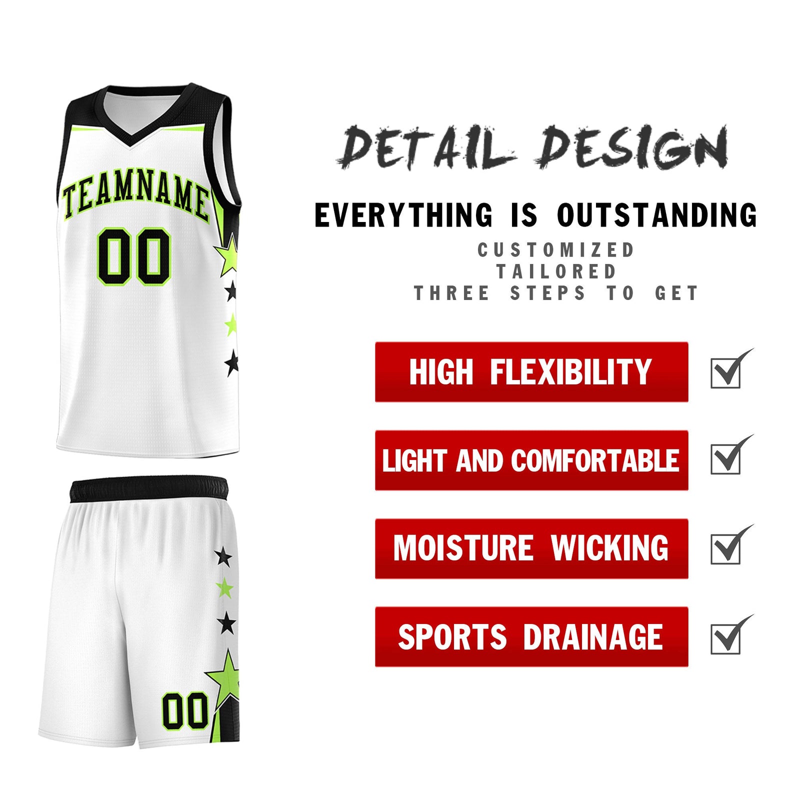 Custom Youth Basketball Uniform White Black Two Tone Side Star Add Name Number & Logo