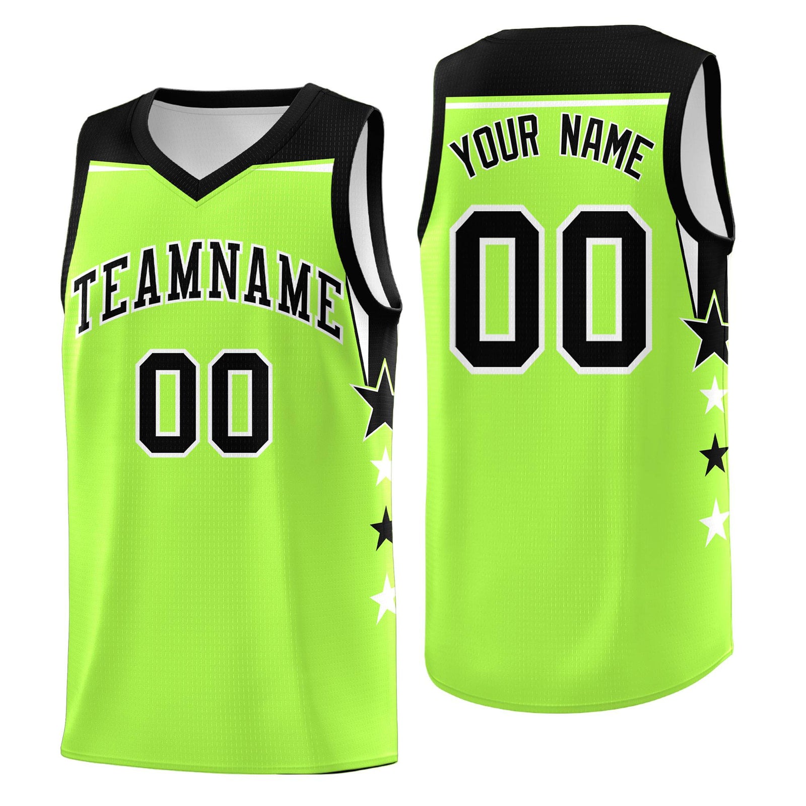 Custom Youth Basketball Uniform Fluorescent Green Black Two Tone Side Star Add Name Number & Logo