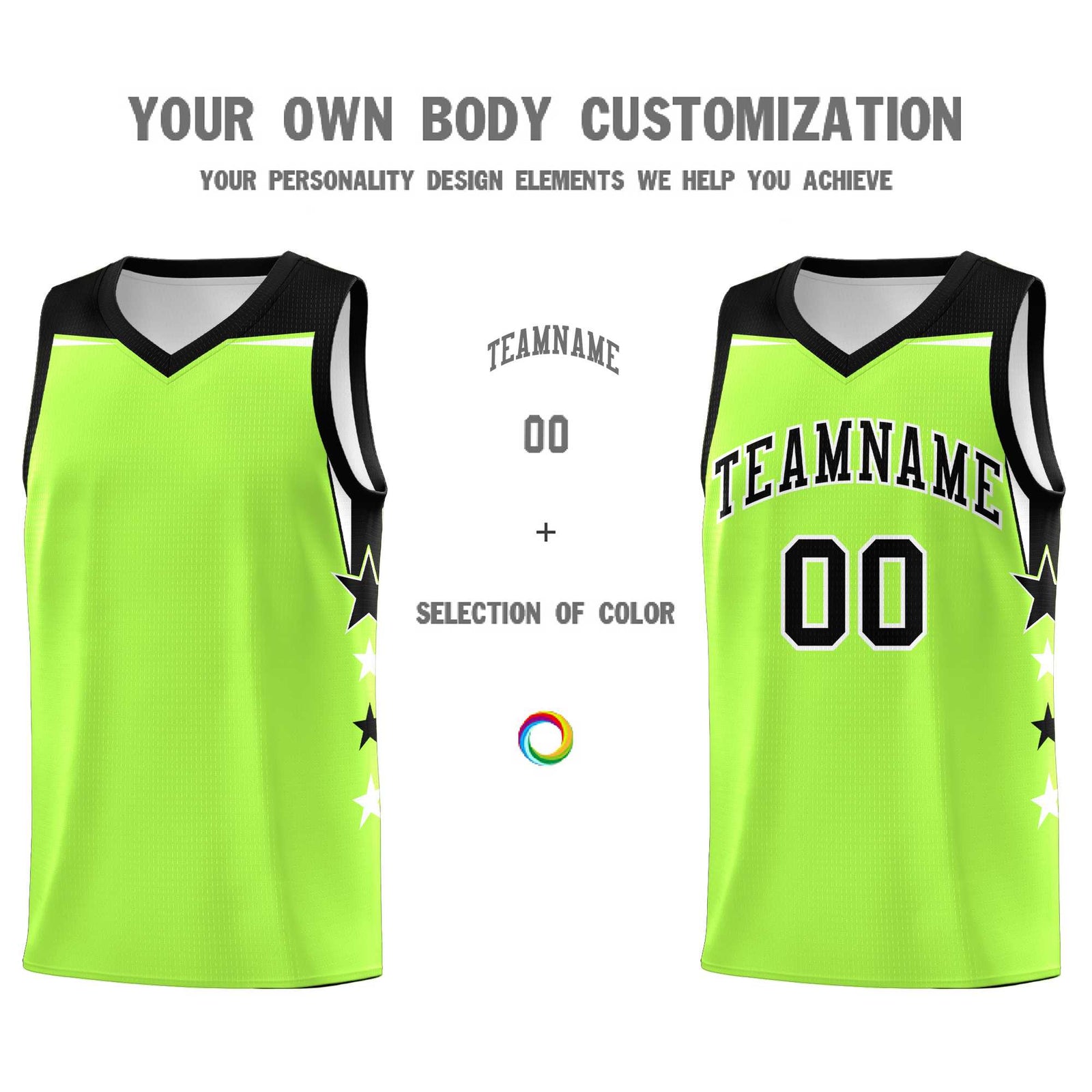 Custom Youth Basketball Uniform Fluorescent Green Black Two Tone Side Star Add Name Number & Logo