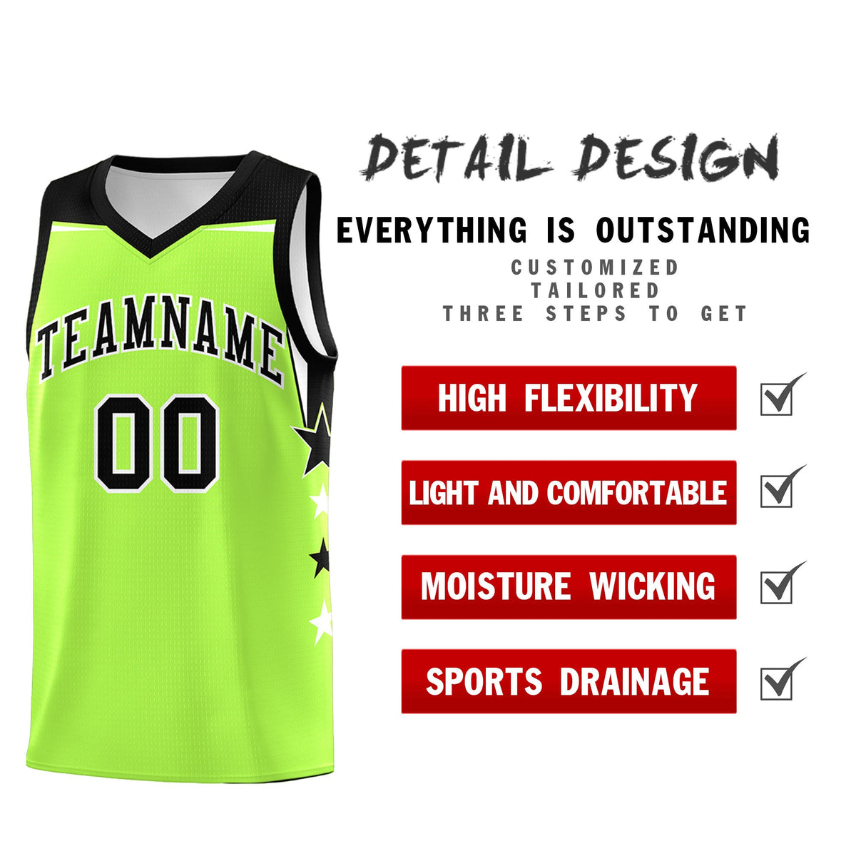 Custom Youth Basketball Uniform Fluorescent Green Black Two Tone Side Star Add Name Number &amp; Logo
