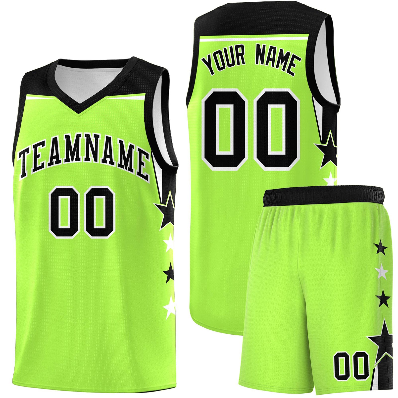Custom Youth Basketball Uniform Fluorescent Green Black Two Tone Side Star Add Name Number & Logo