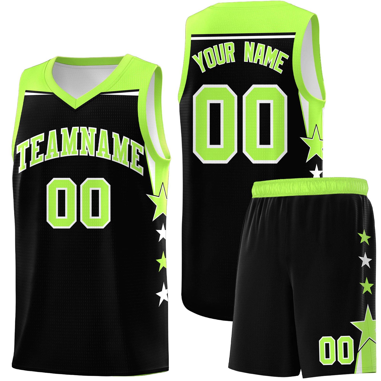 Custom Youth Basketball Uniform Black Fluorescent Green Two Tone Side Star Personalized Team Jersey