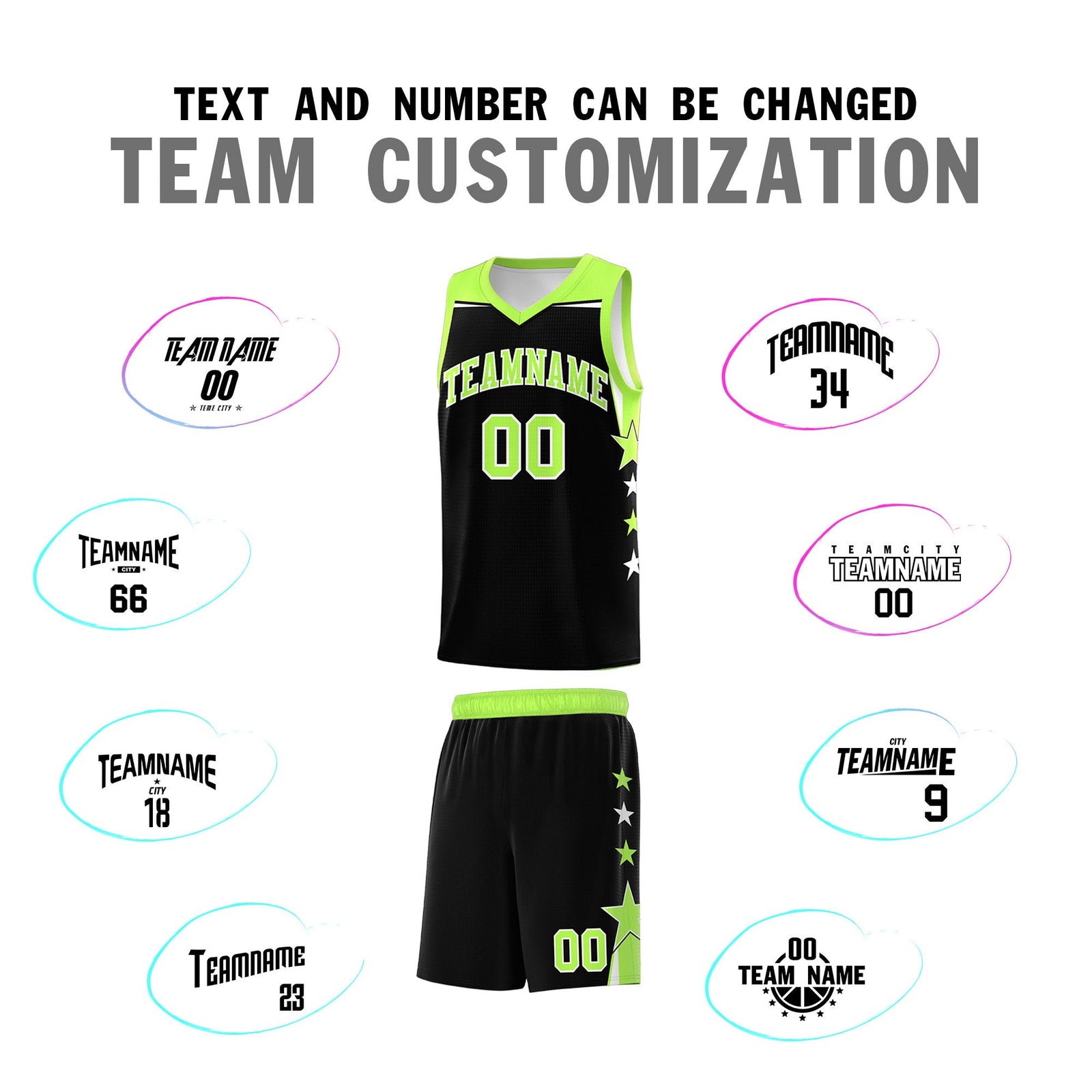 Custom Youth Basketball Uniform Black Fluorescent Green Two Tone Side Star Personalized Team Jersey