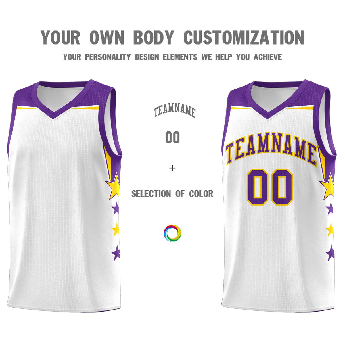 Custom Youth Basketball Uniform White Purple Two Tone Side Star Color Block Team Jersey