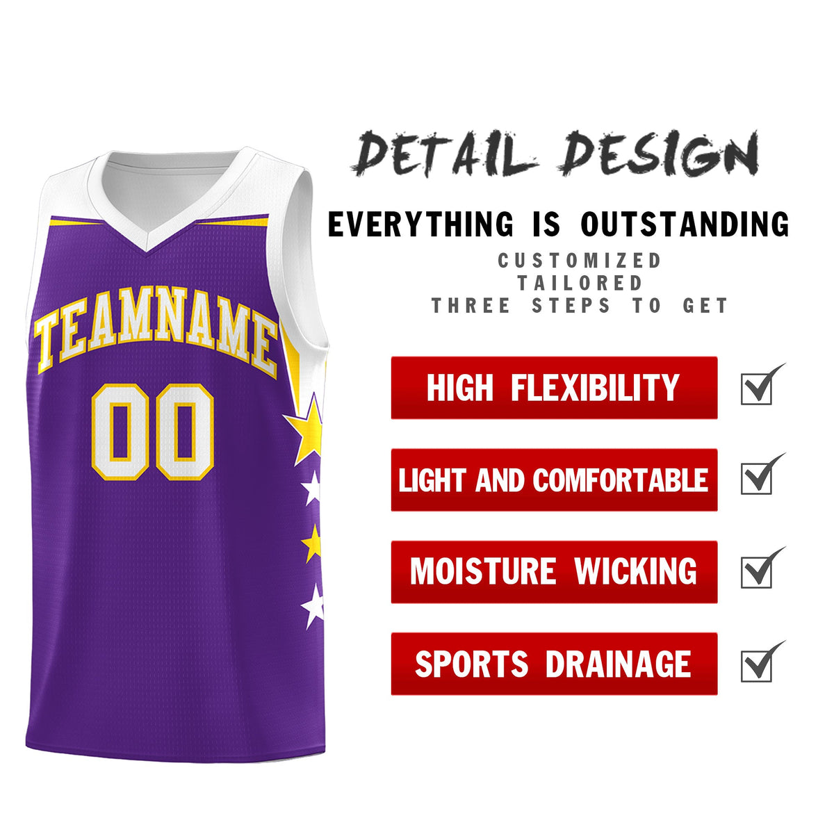 Custom Youth Basketball Uniform Purple White Two Tone Side Star Add Name Number &amp; Logo