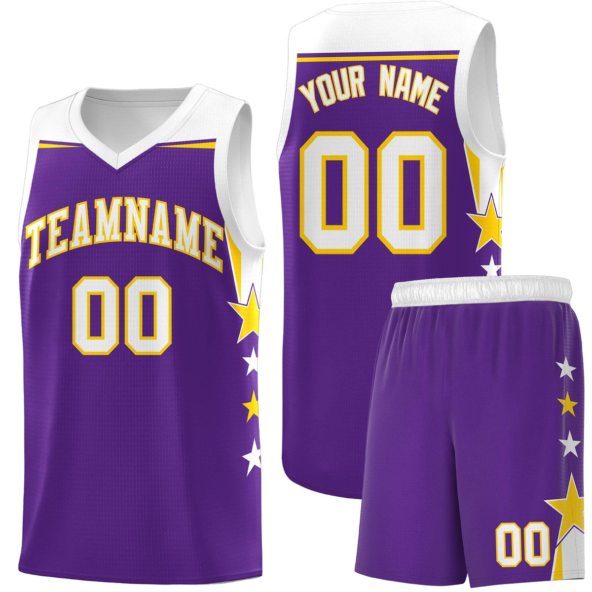 Custom Youth Basketball Uniform Purple White Two Tone Side Star Add Name Number &amp; Logo