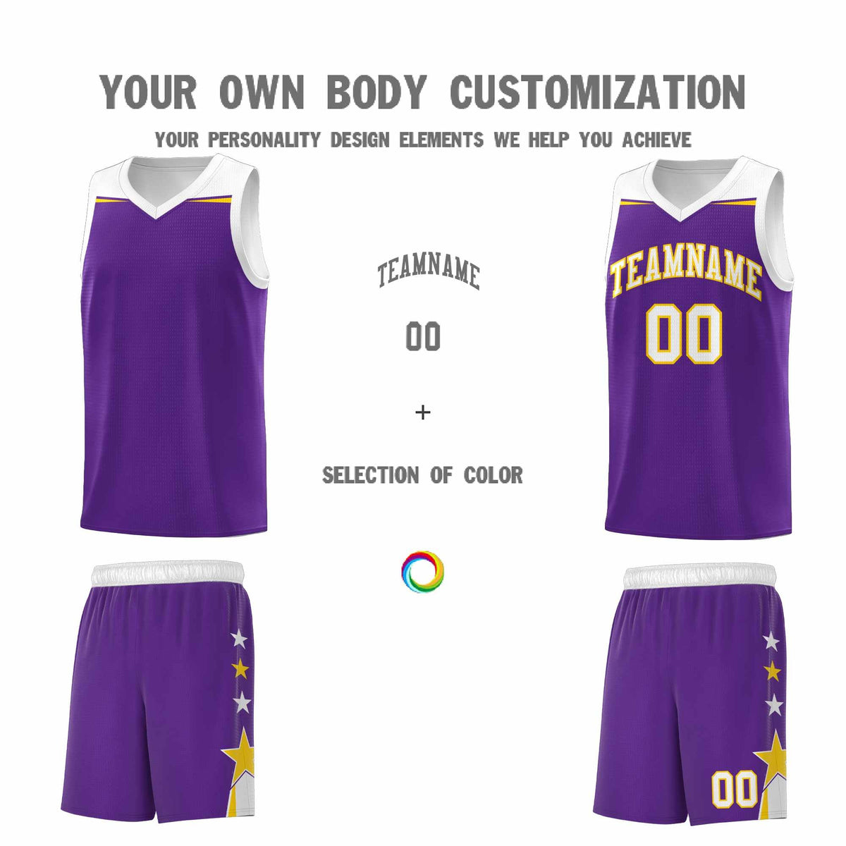 Custom Youth Basketball Uniform Purple White Two Tone Side Star Add Name Number &amp; Logo