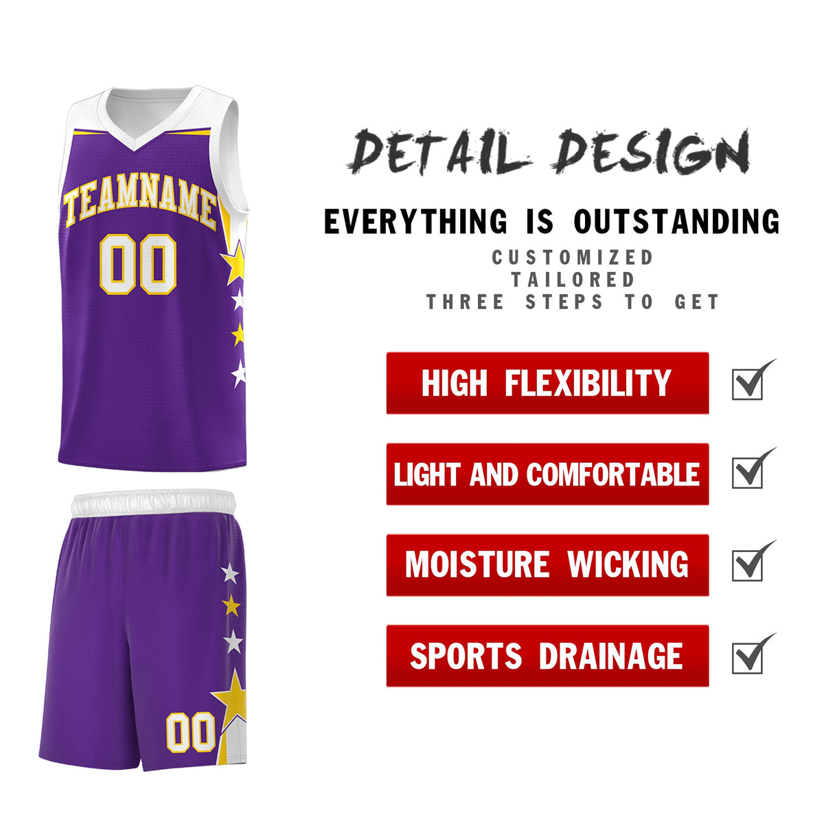 Custom Youth Basketball Uniform Purple White Two Tone Side Star Add Name Number &amp; Logo