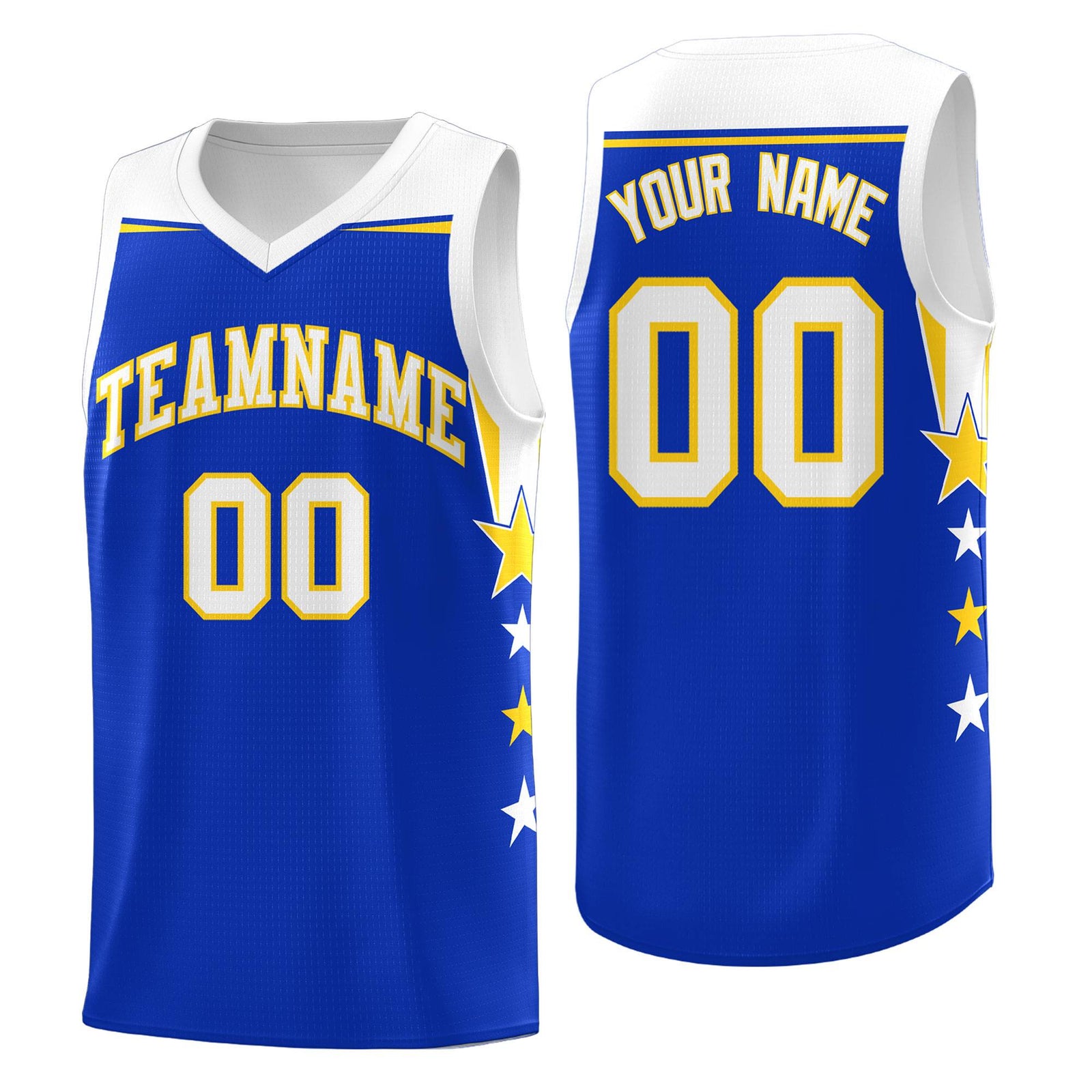 Custom Youth Basketball Uniform Royal White Two Tone Side Star Add Name Number & Logo