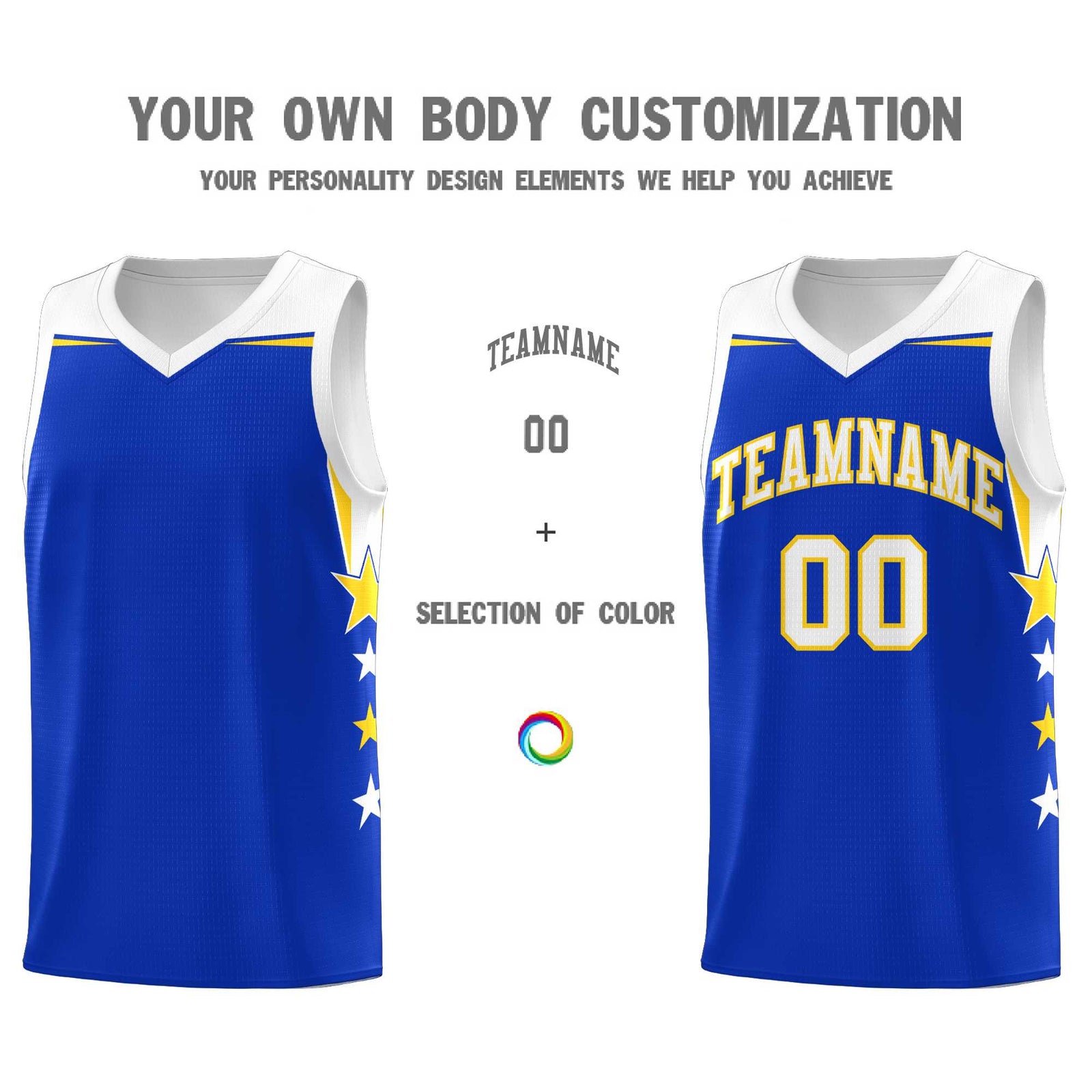 Custom Youth Basketball Uniform Royal White Two Tone Side Star Add Name Number & Logo