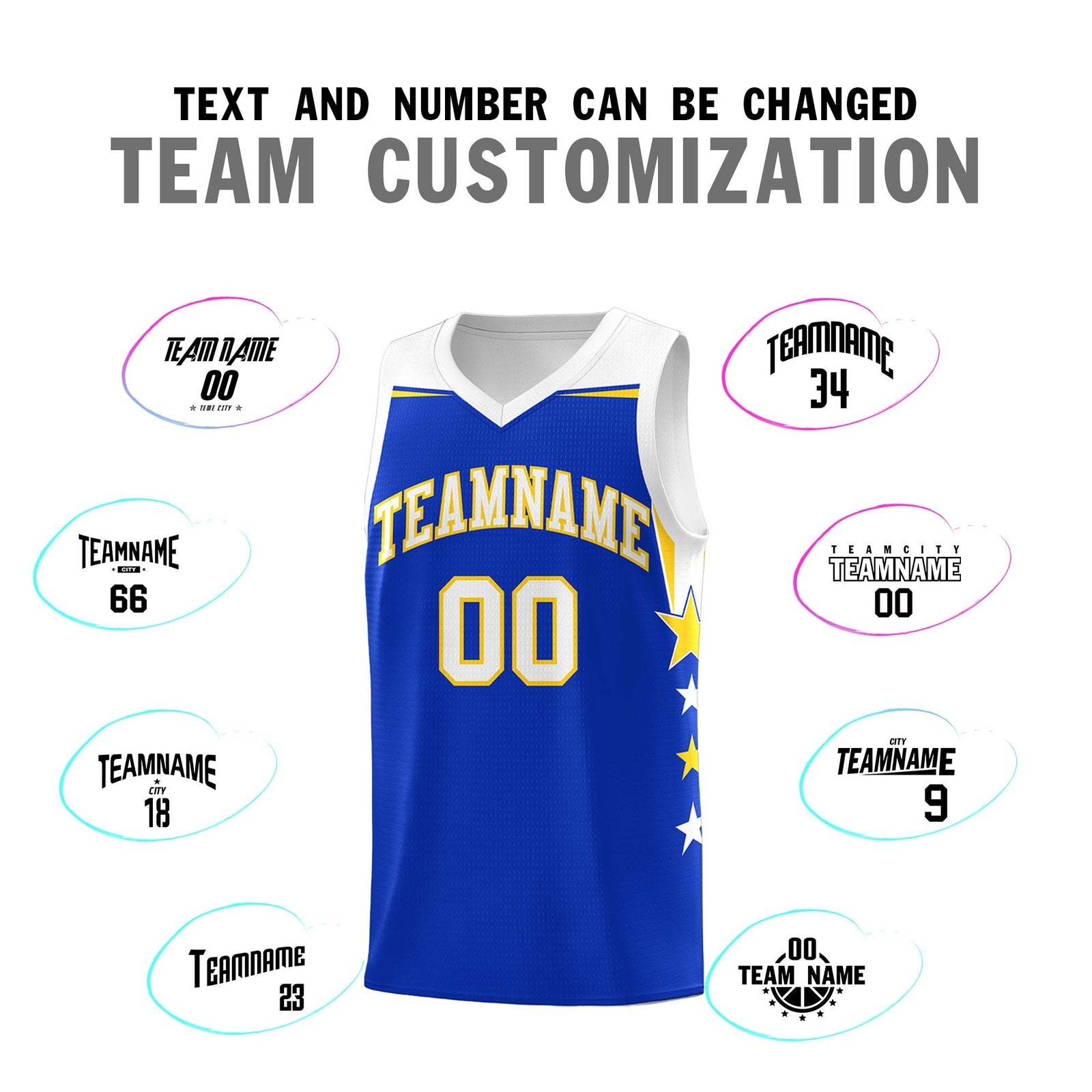 Custom Youth Basketball Uniform Royal White Two Tone Side Star Add Name Number & Logo
