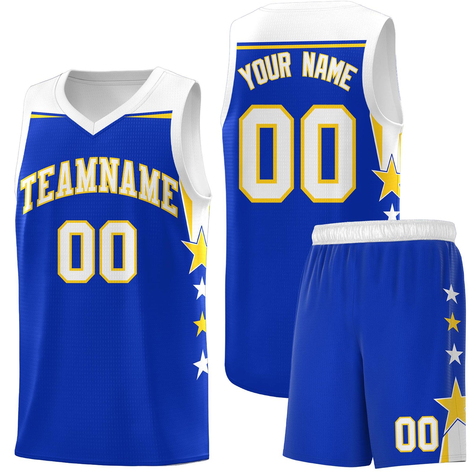 Custom Youth Basketball Uniform Royal White Two Tone Side Star Add Name Number & Logo