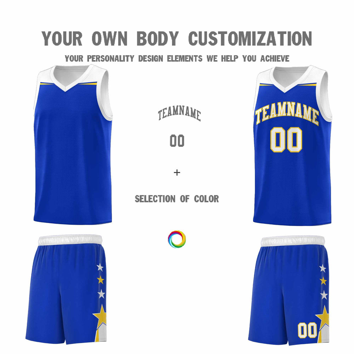Custom Youth Basketball Uniform Royal White Two Tone Side Star Add Name Number & Logo