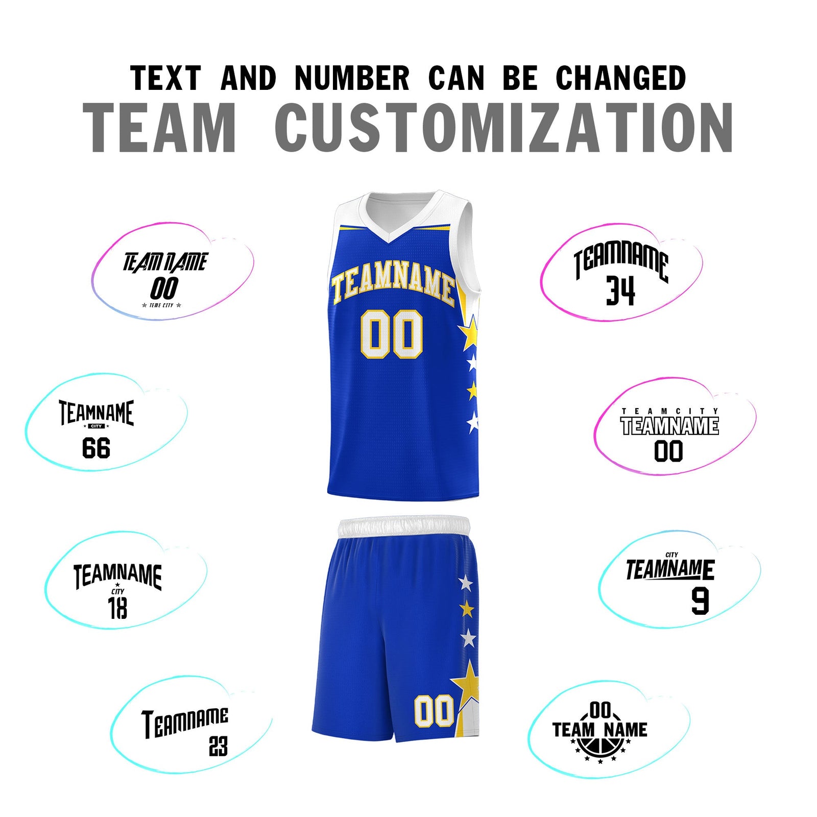 Custom Youth Basketball Uniform Royal White Two Tone Side Star Add Name Number & Logo