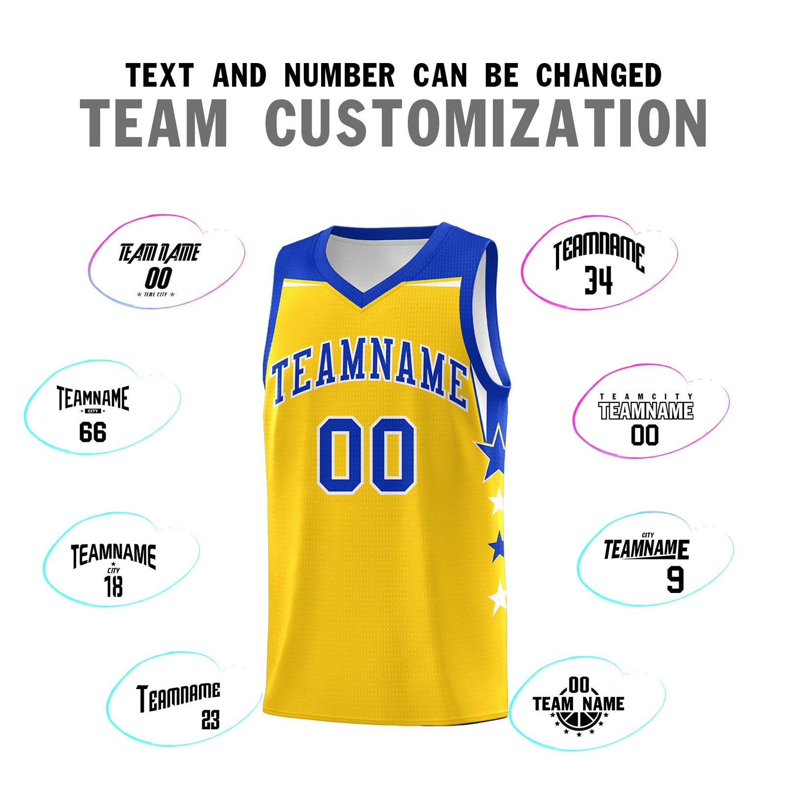 Custom Youth Basketball Uniform Gold Royal Two Tone Side Star Personalized Team Jersey