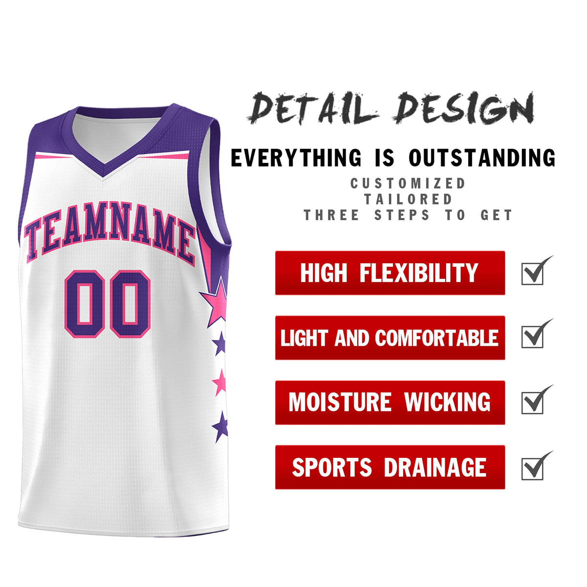 Custom Youth Basketball Uniform White Purple Two Tone Side Star Color Block Team Jersey