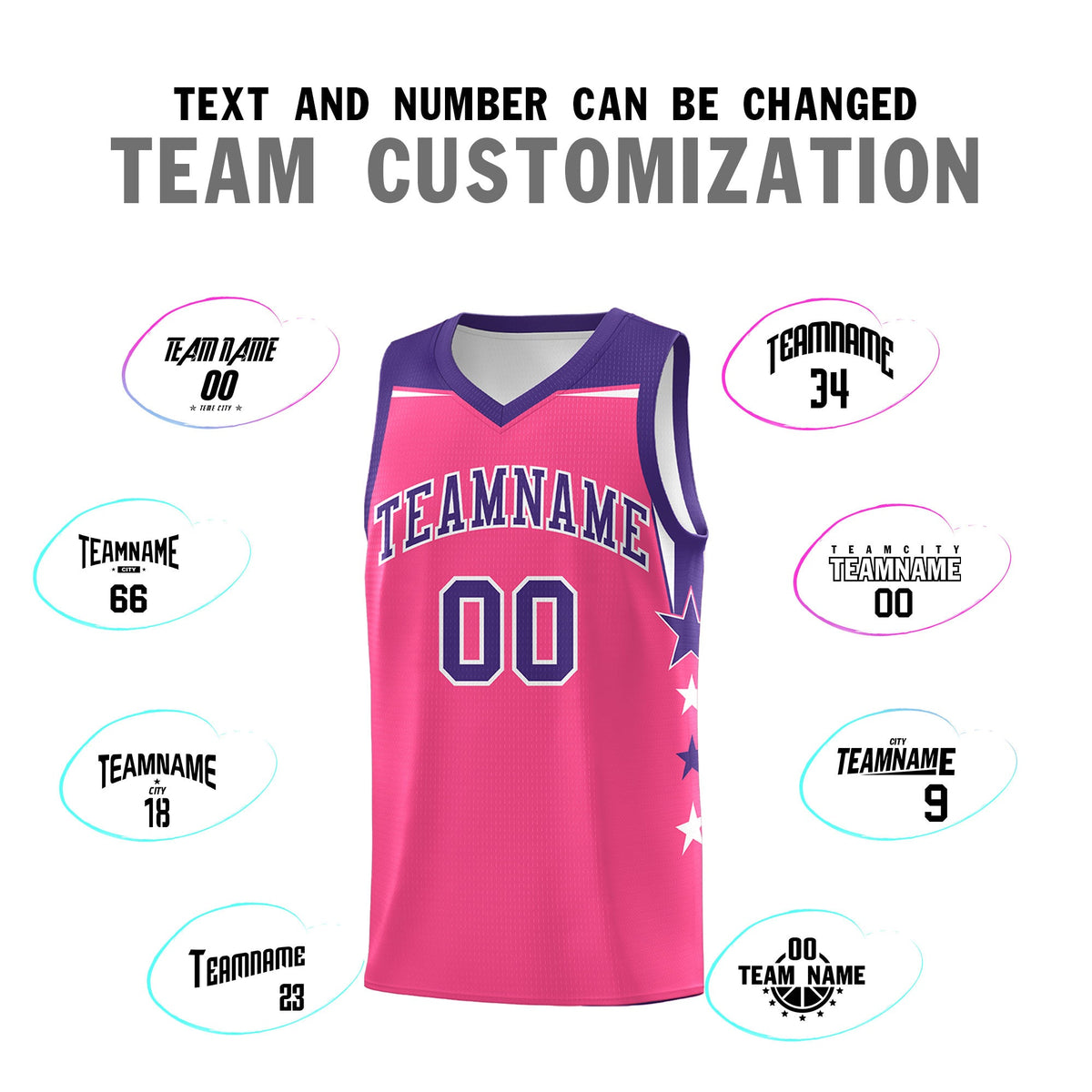 Custom Youth Basketball Uniform Pink Purple Two Tone Side Star Add Name Number &amp; Logo