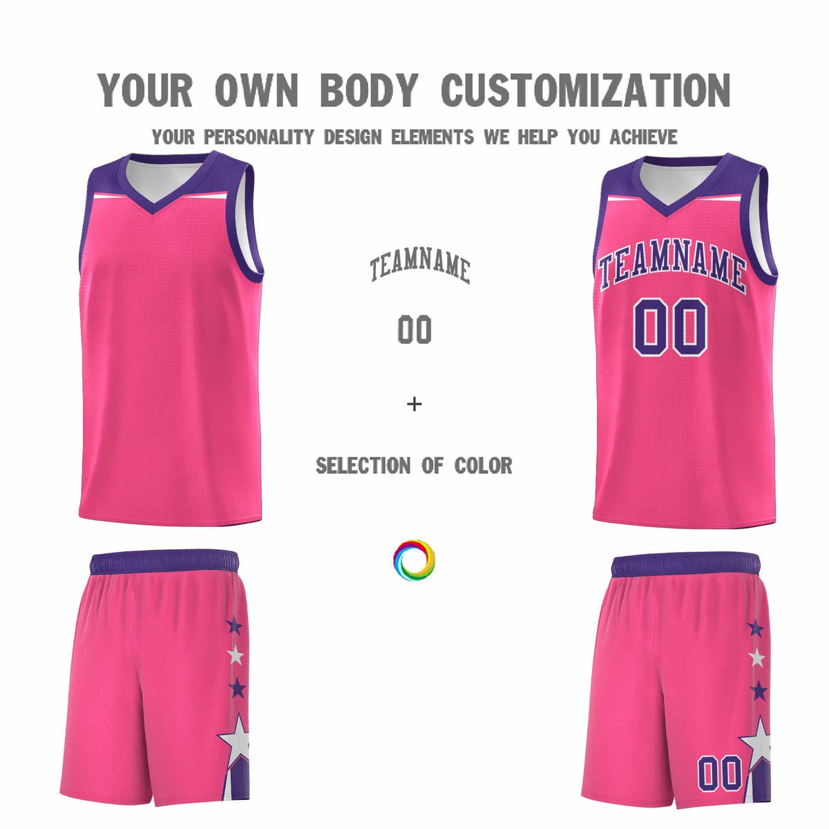 Custom Youth Basketball Uniform Pink Purple Two Tone Side Star Add Name Number &amp; Logo