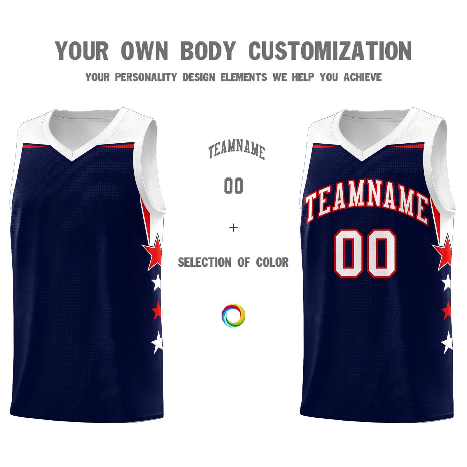 Custom Youth Basketball Uniform Navy White Two Tone Side Star Add Name Number & Logo