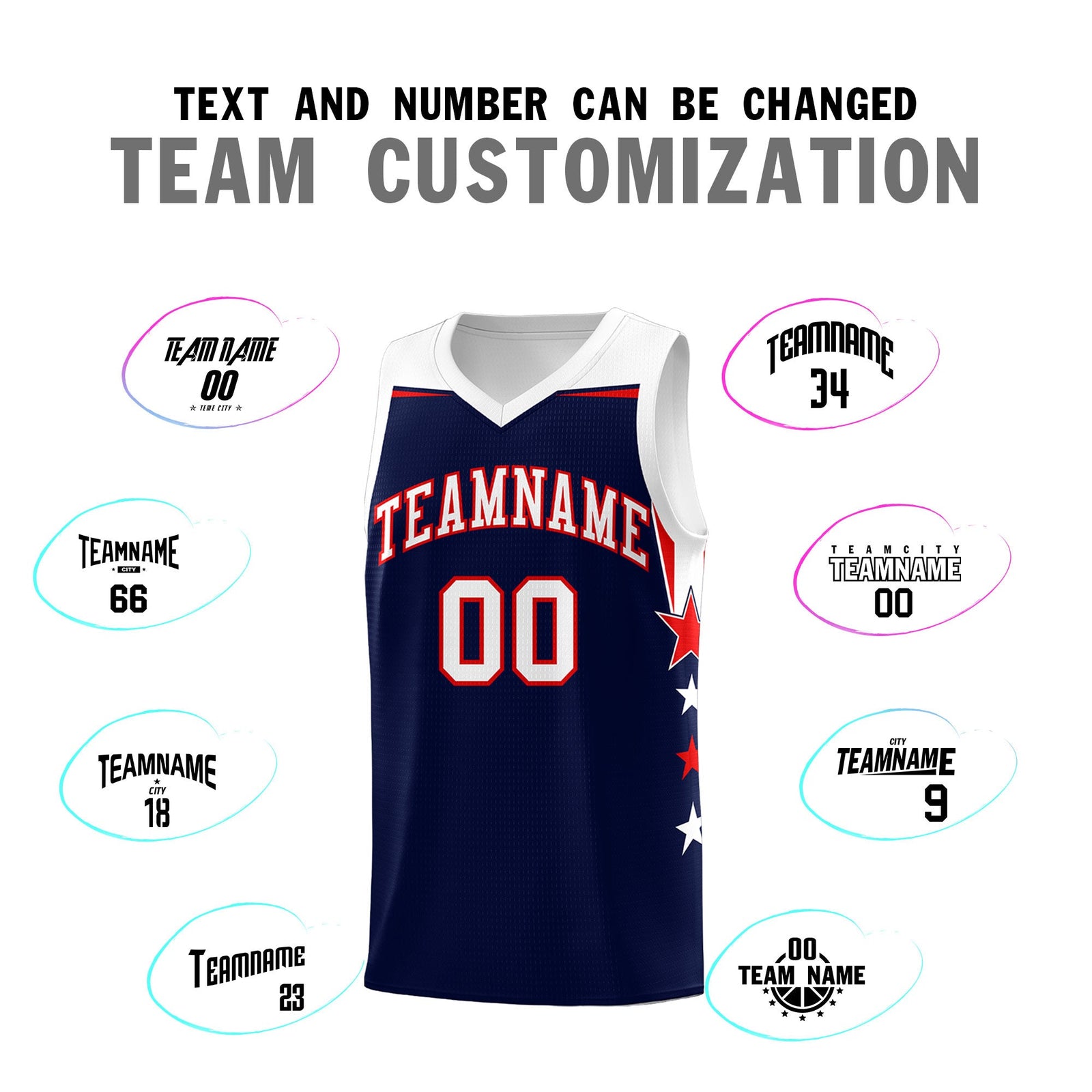 Custom Youth Basketball Uniform Navy White Two Tone Side Star Add Name Number & Logo