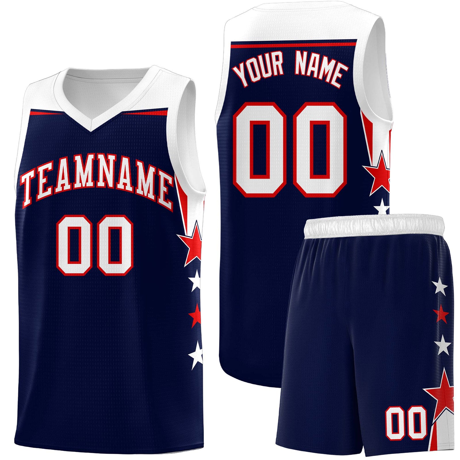 Custom Youth Basketball Uniform Navy White Two Tone Side Star Add Name Number & Logo