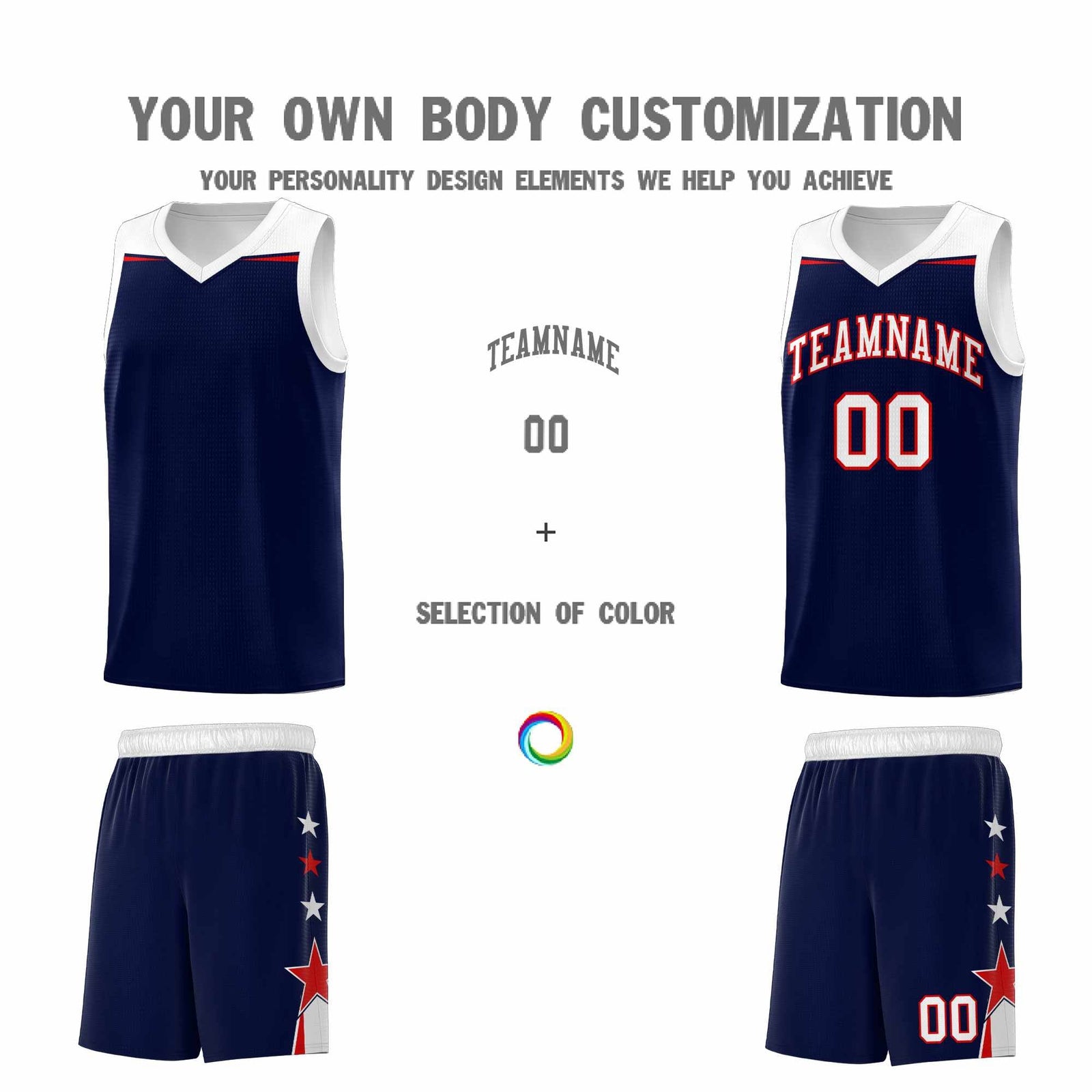 Custom Youth Basketball Uniform Navy White Two Tone Side Star Add Name Number & Logo