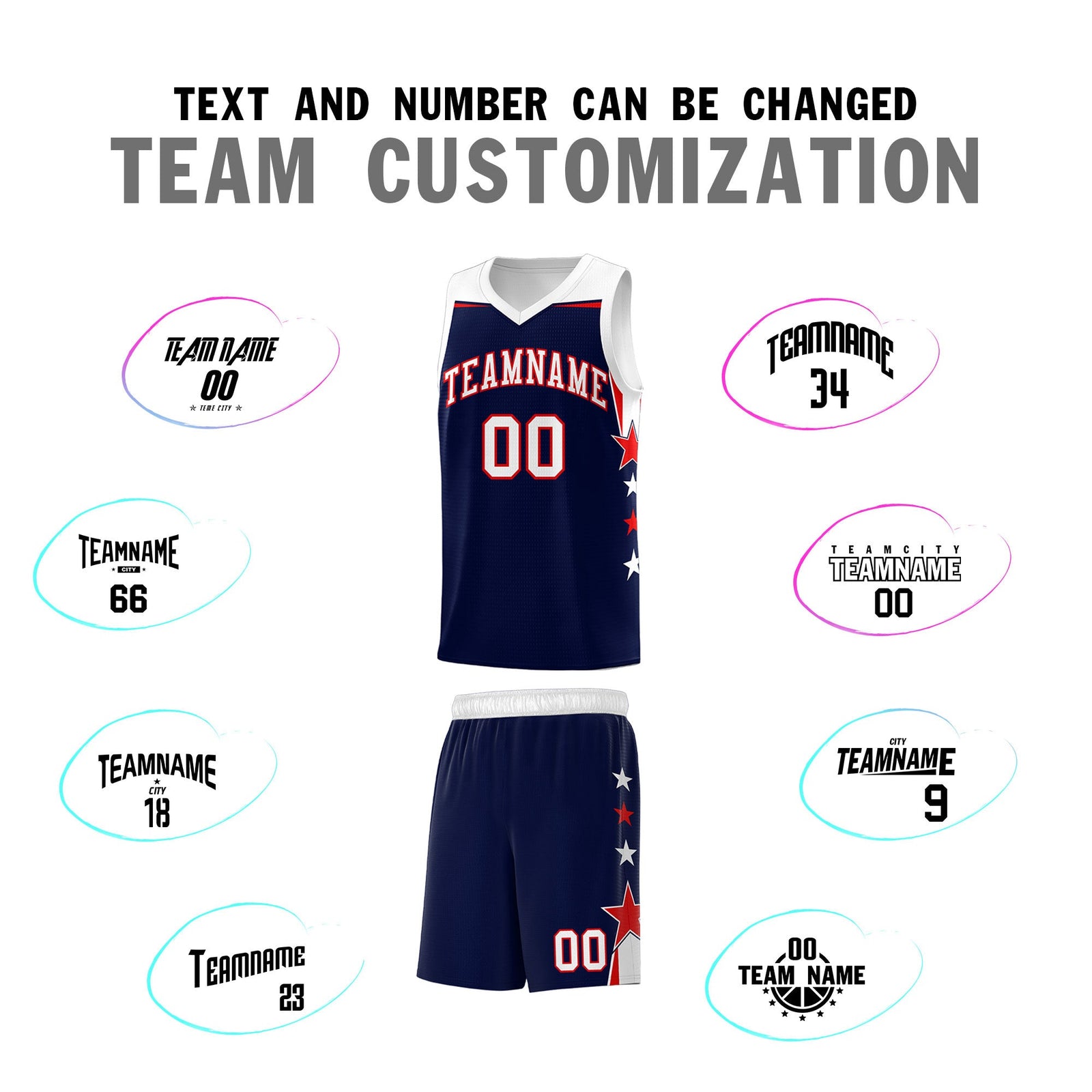 Custom Youth Basketball Uniform Navy White Two Tone Side Star Add Name Number & Logo