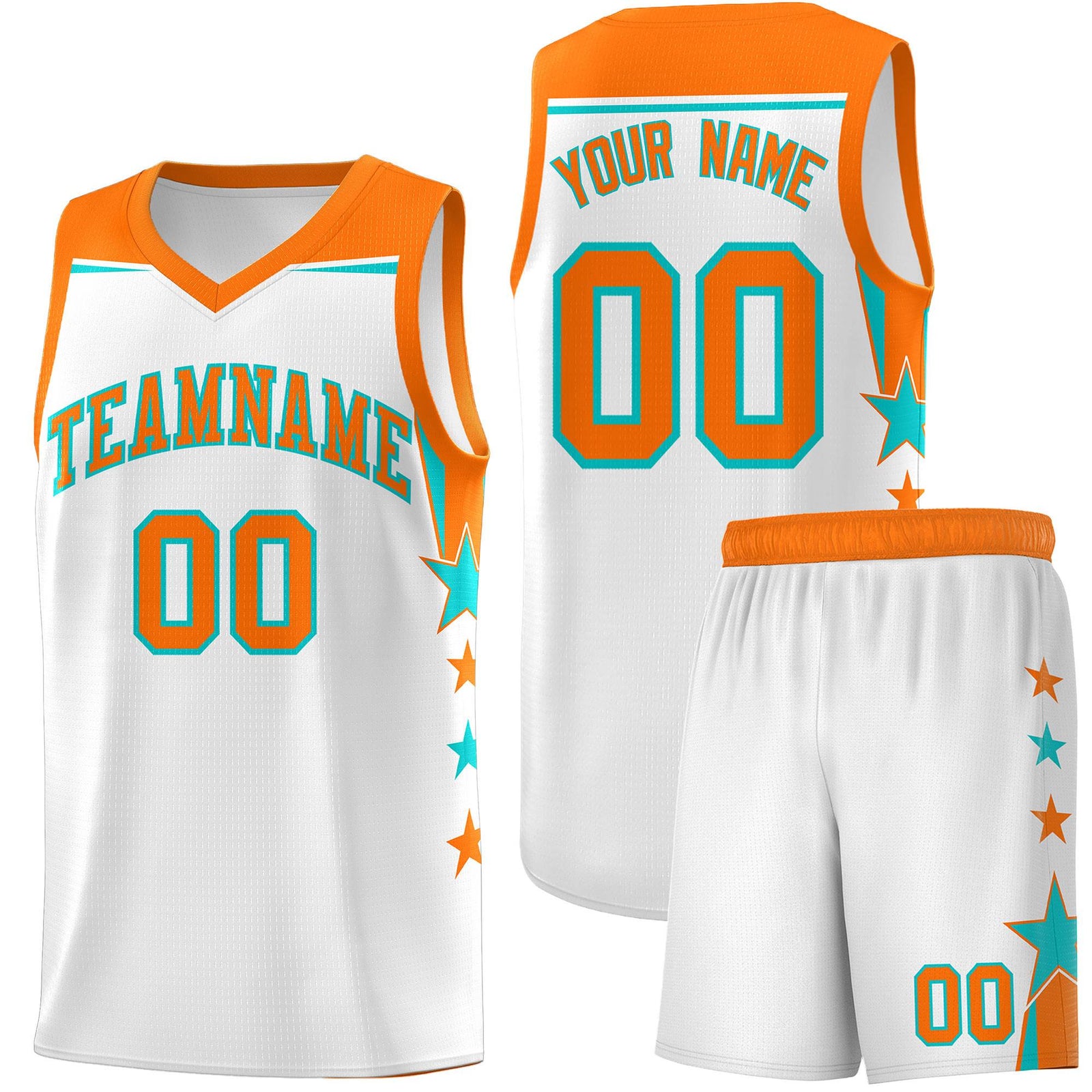 Custom Youth Basketball Uniform White Orange Two Tone Side Star Color Block Team Jersey