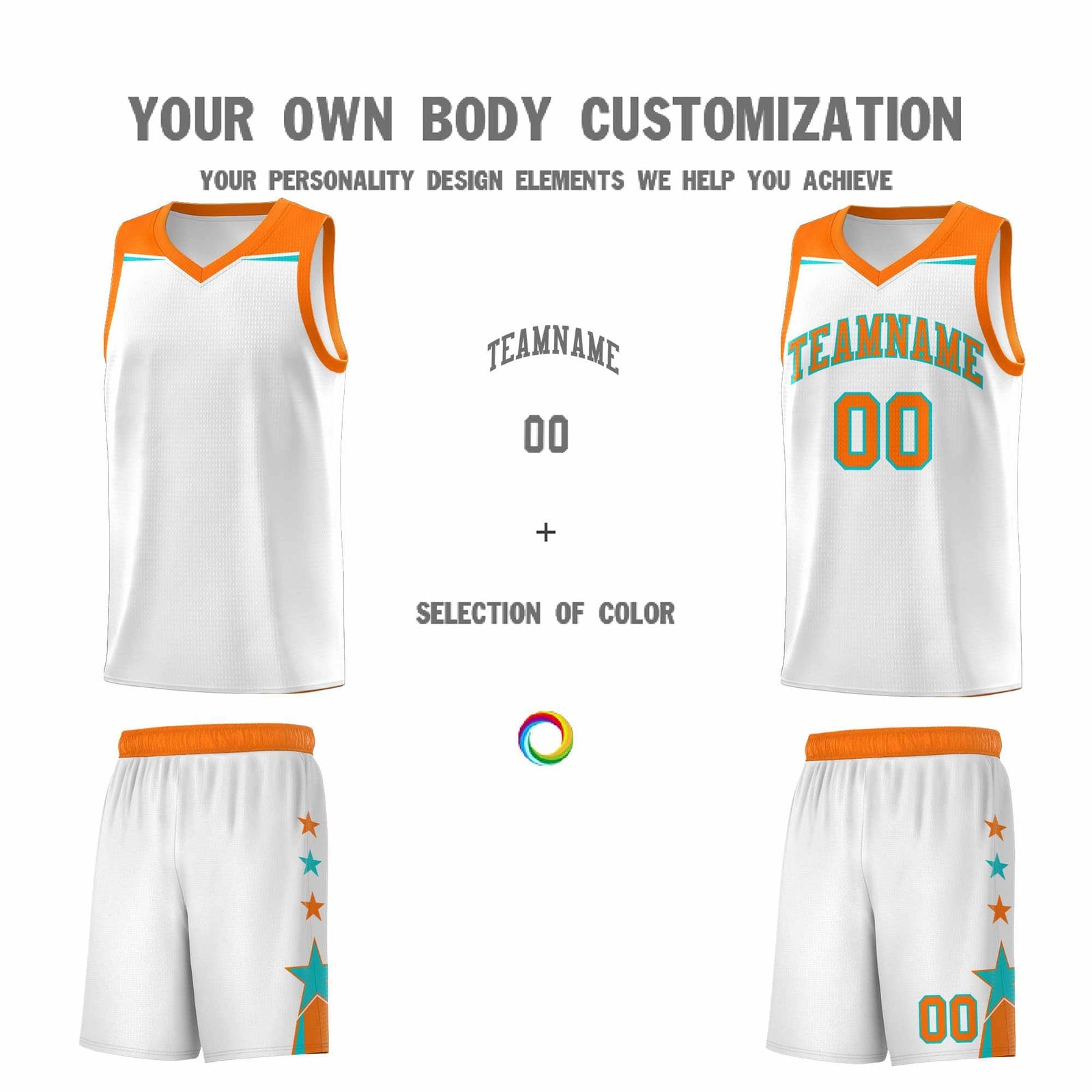 Custom Youth Basketball Uniform White Orange Two Tone Side Star Color Block Team Jersey