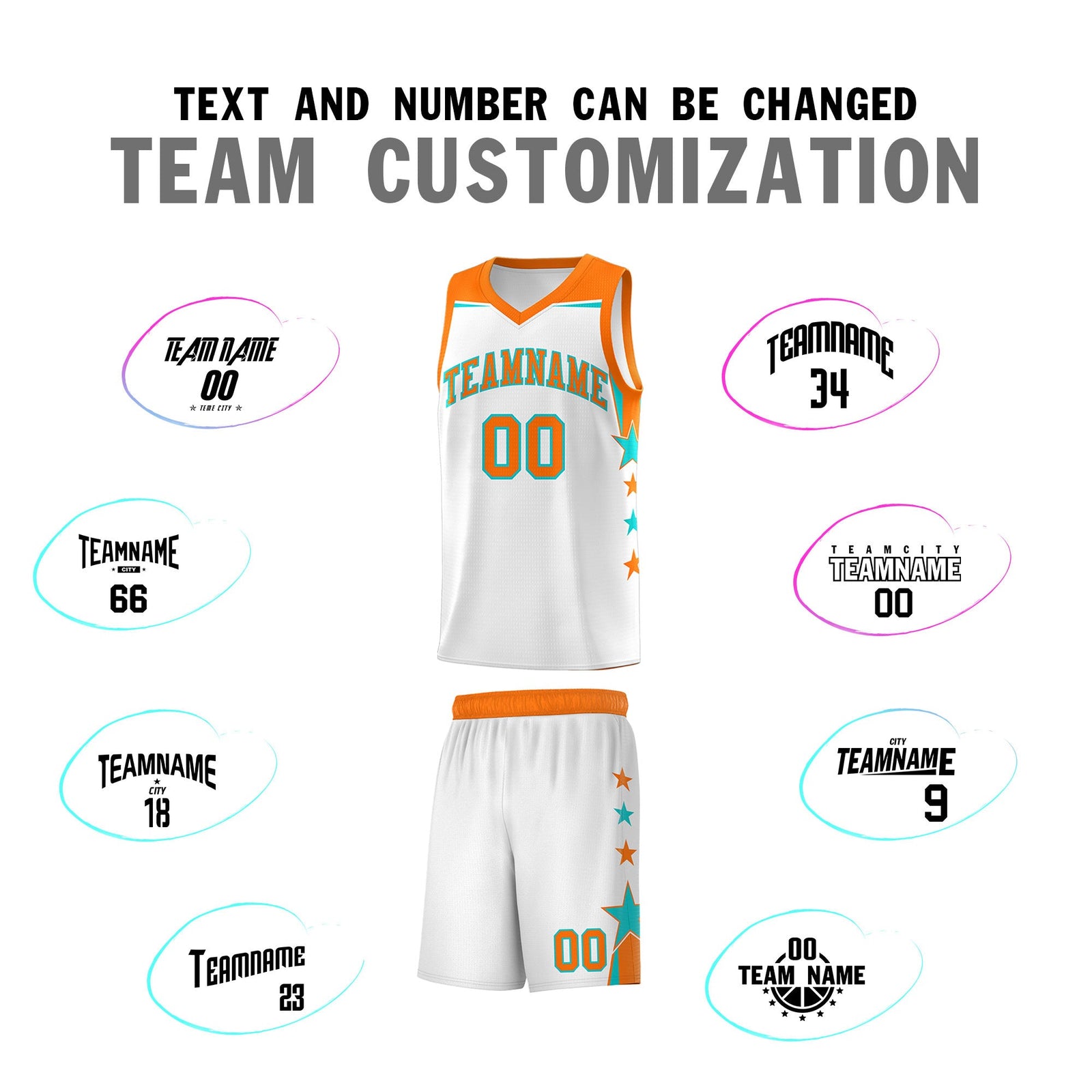 Custom Youth Basketball Uniform White Orange Two Tone Side Star Color Block Team Jersey