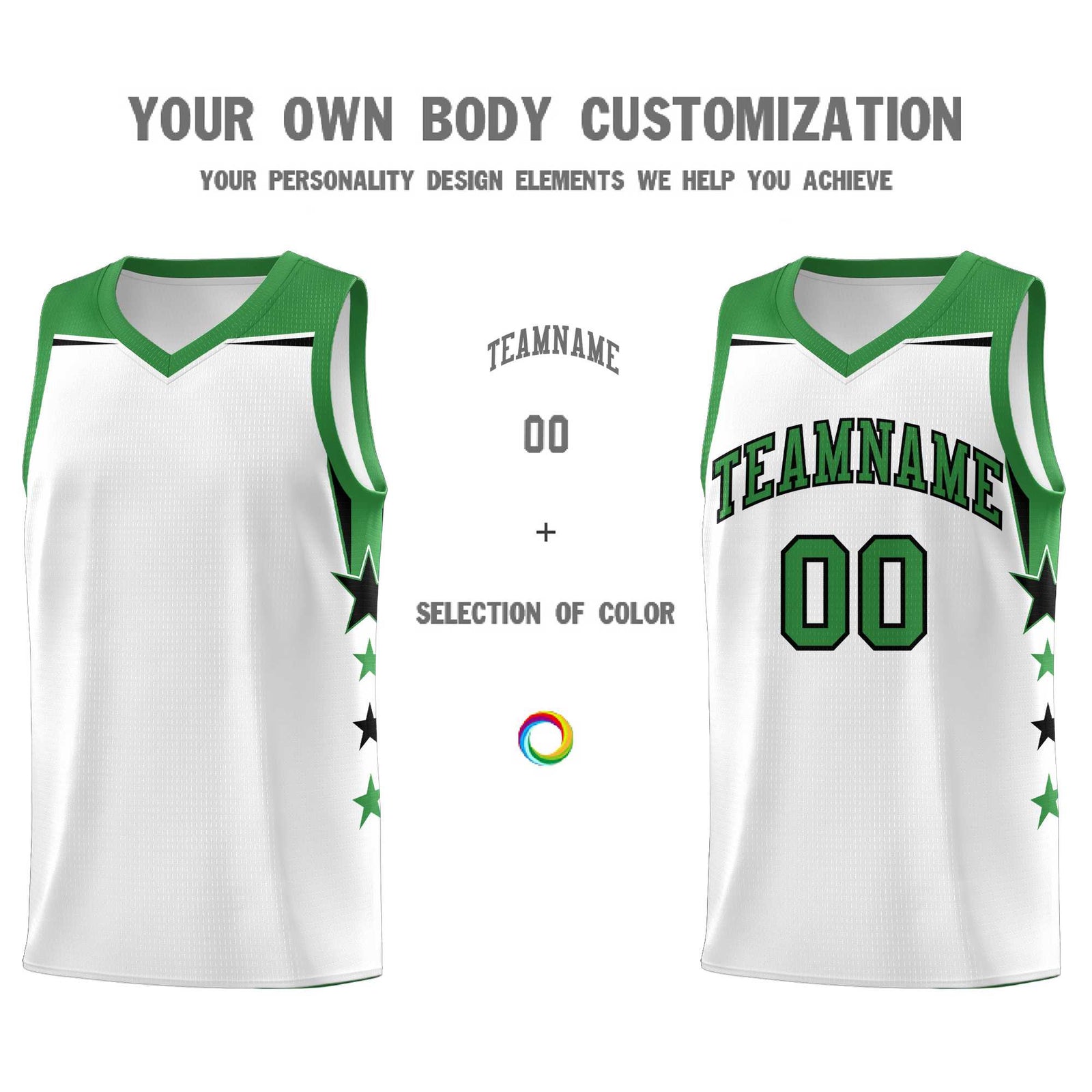 Custom Youth Basketball Uniform White Kelly Green Two Tone Side Star Color Block Team Jersey