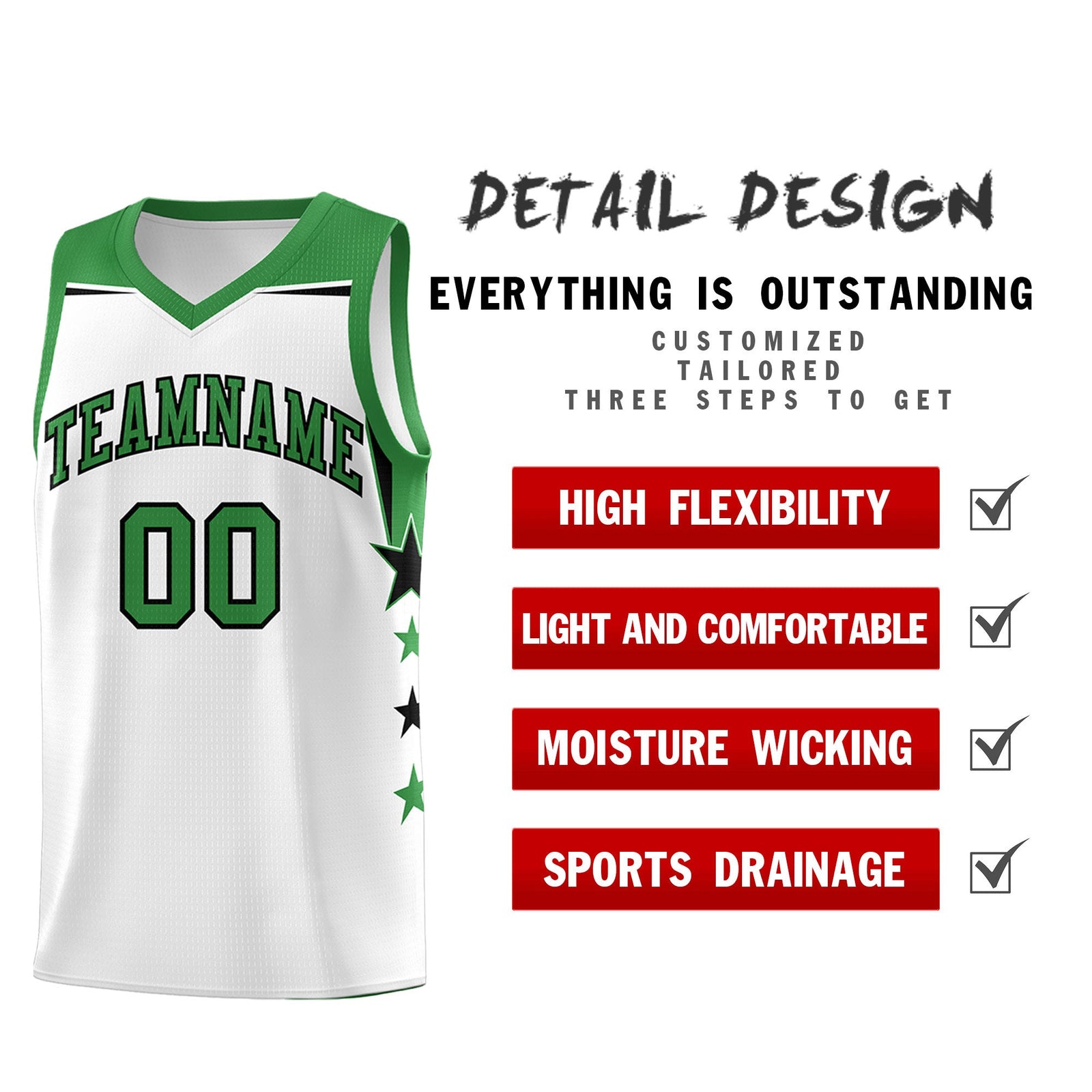 Custom Youth Basketball Uniform White Kelly Green Two Tone Side Star Color Block Team Jersey