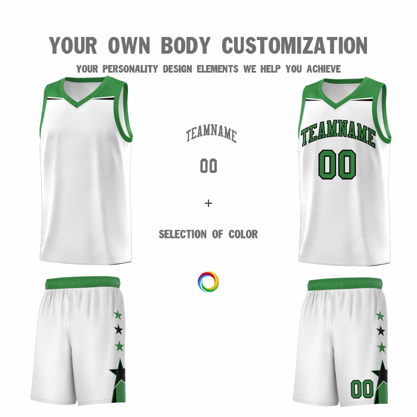 Custom Youth Basketball Uniform White Kelly Green Two Tone Side Star Color Block Team Jersey
