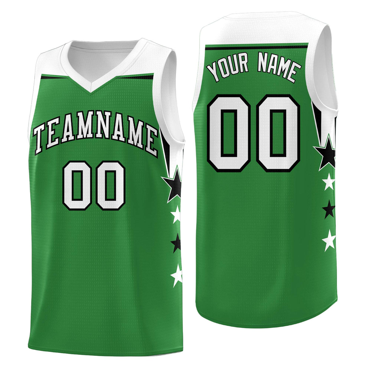 Custom Youth Basketball Uniform Kelly Green White Two Tone Side Star Add Name Number &amp; Logo