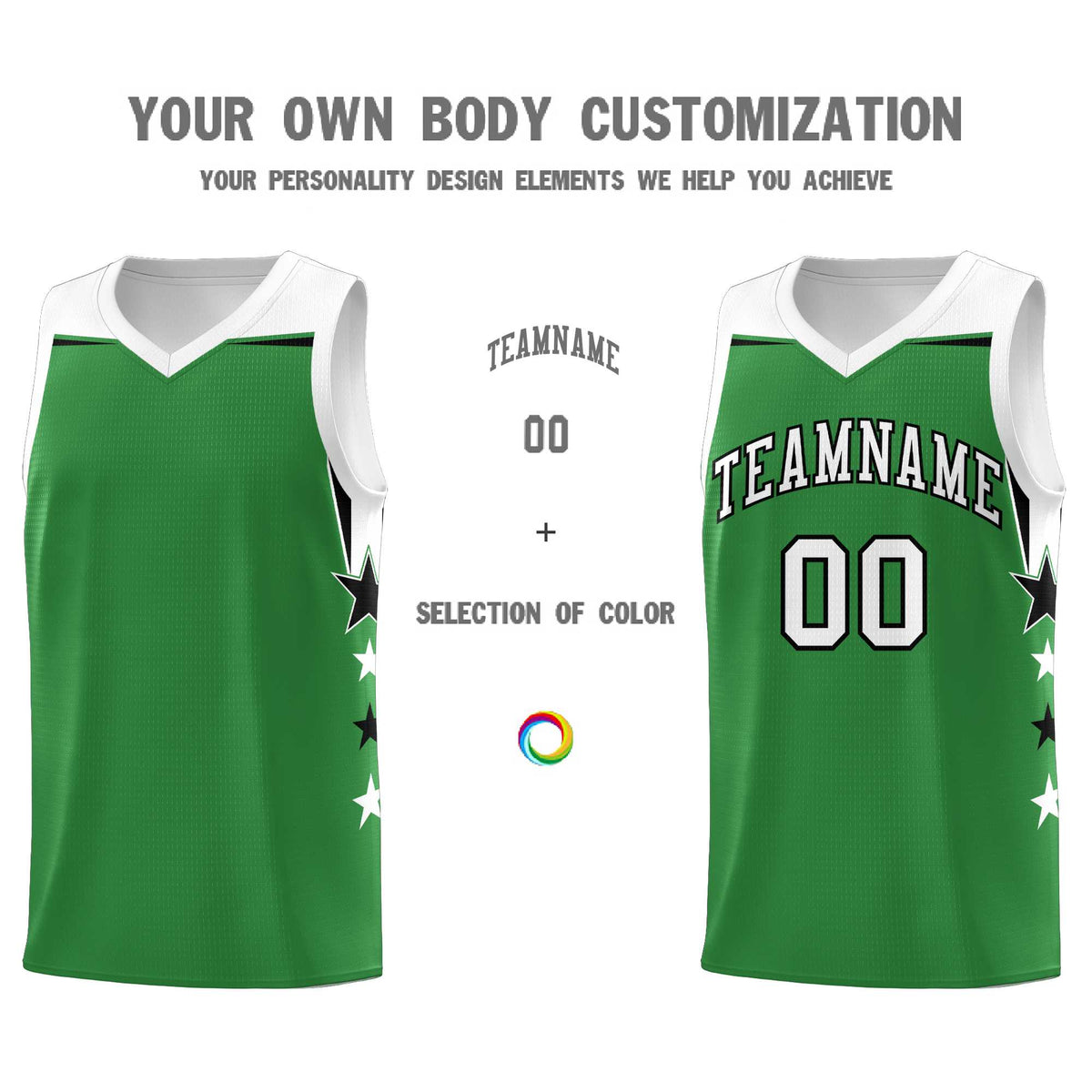 Custom Youth Basketball Uniform Kelly Green White Two Tone Side Star Add Name Number &amp; Logo