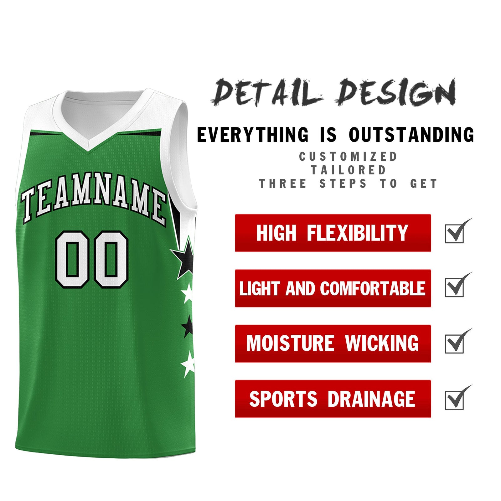 Custom Youth Basketball Uniform Kelly Green White Two Tone Side Star Add Name Number & Logo