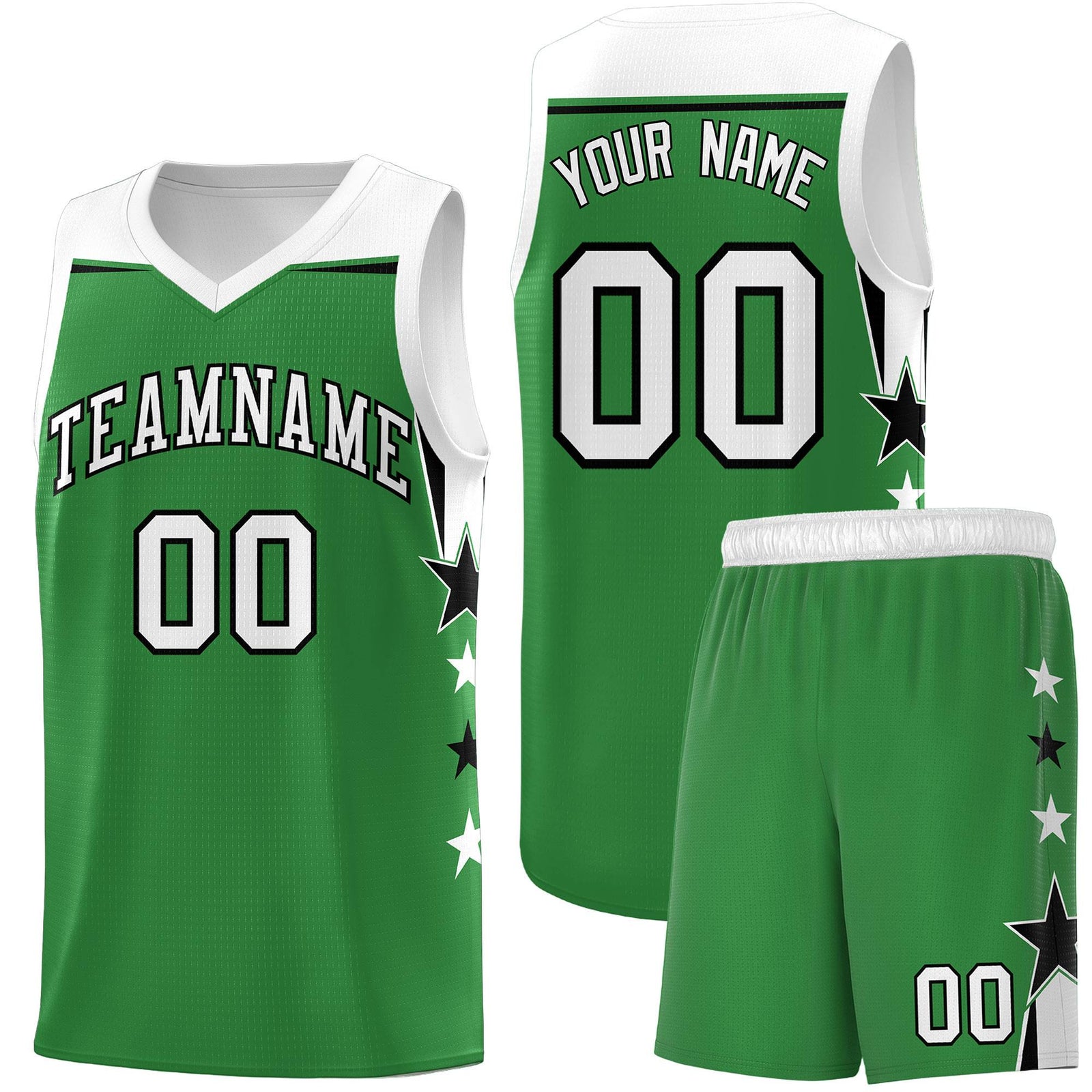 Custom Youth Basketball Uniform Kelly Green White Two Tone Side Star Add Name Number & Logo