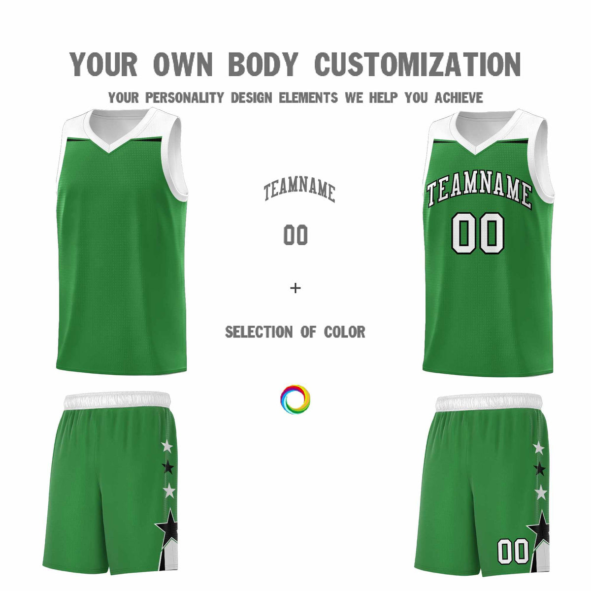 Custom Youth Basketball Uniform Kelly Green White Two Tone Side Star Add Name Number &amp; Logo