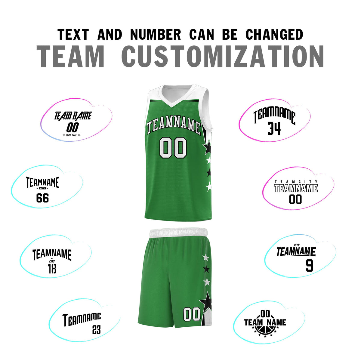 Custom Youth Basketball Uniform Kelly Green White Two Tone Side Star Add Name Number &amp; Logo