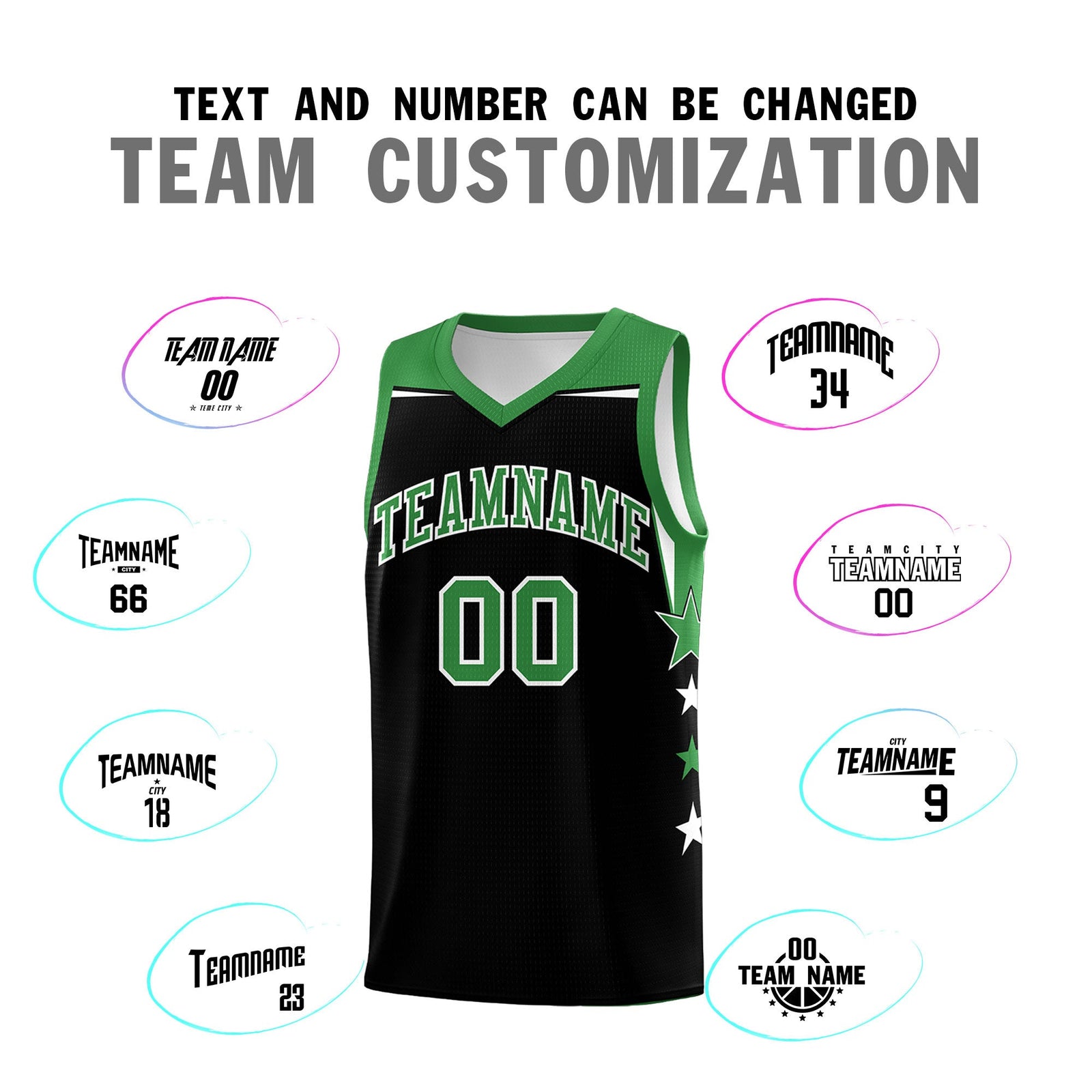 Custom Youth Basketball Uniform Black Kelly Green Two Tone Side Star Personalized Team Jersey