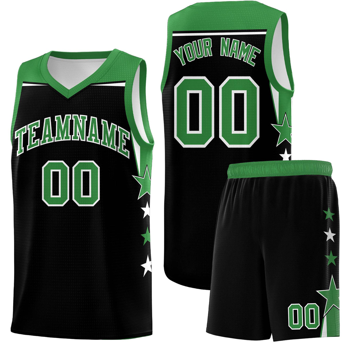 Custom Youth Basketball Uniform Black Kelly Green Two Tone Side Star Personalized Team Jersey