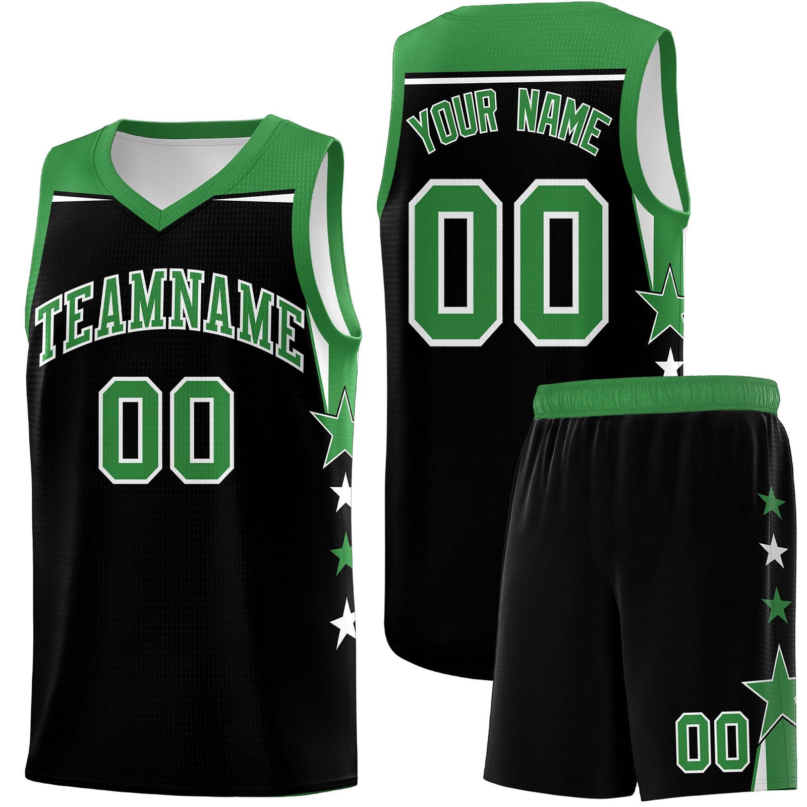 Custom Youth Basketball Uniform Black Kelly Green Two Tone Side Star Personalized Team Jersey