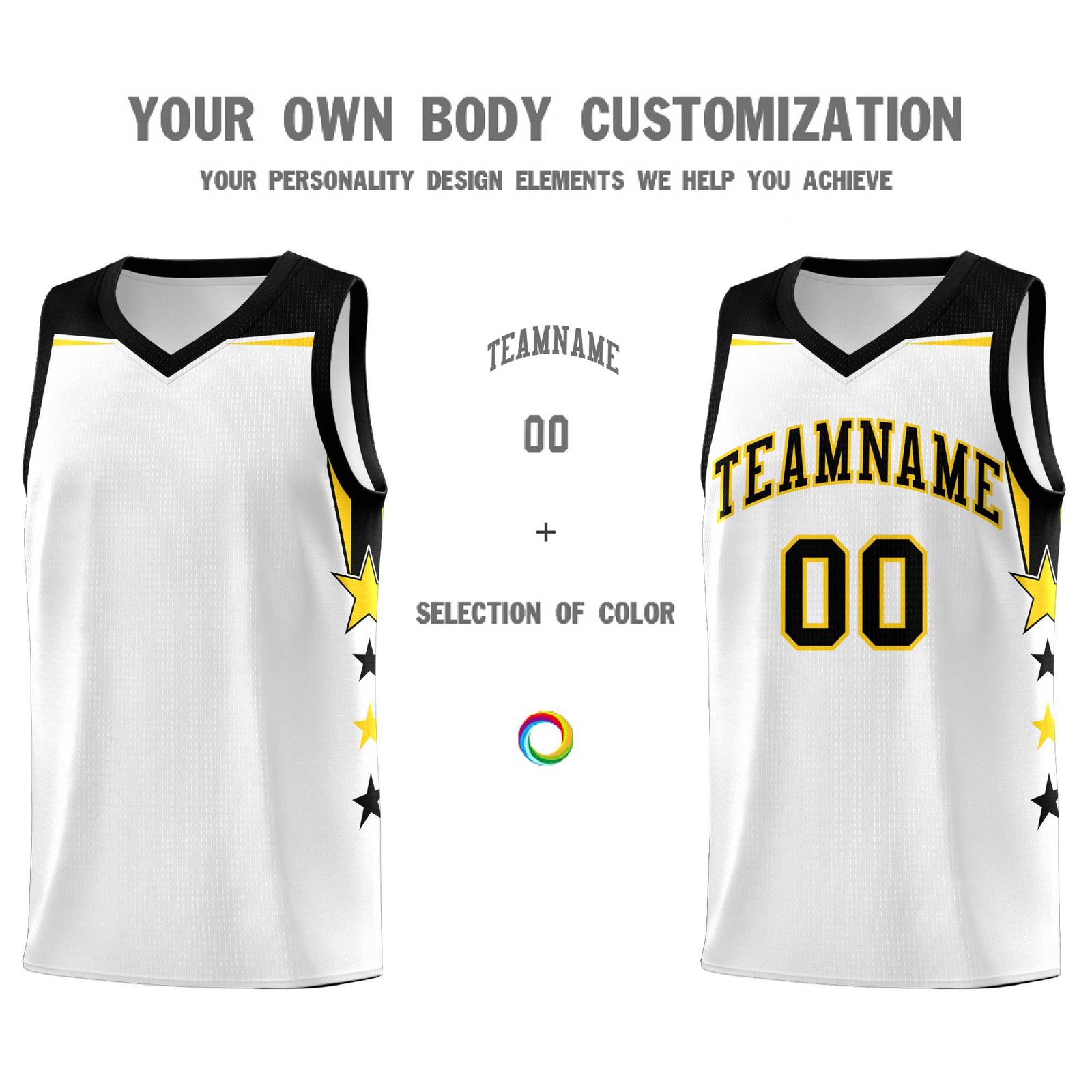 Custom Youth Basketball Uniform White Black Two Tone Side Star Color Block Team Jersey