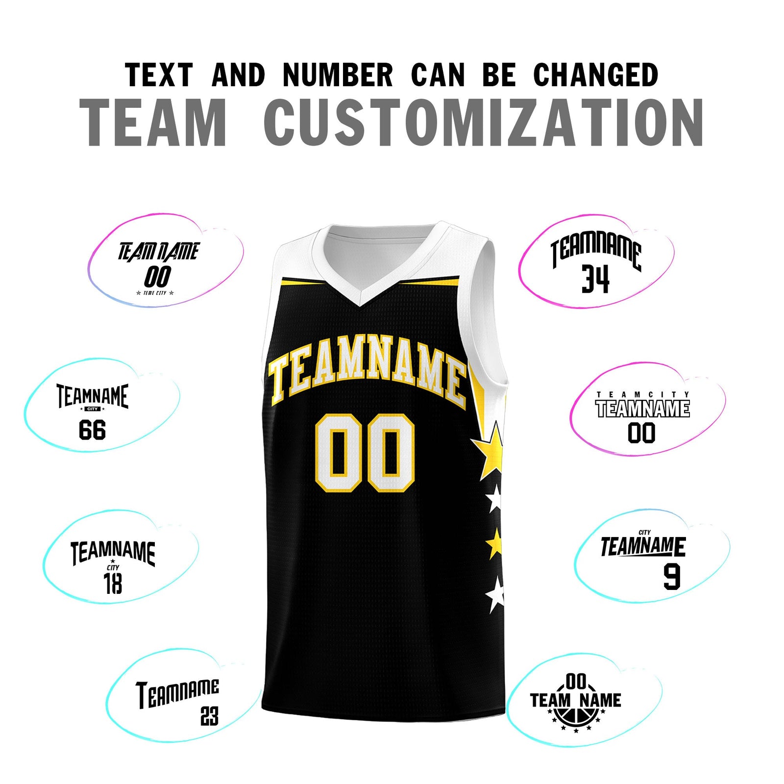 Custom Youth Basketball Uniform Black White Two Tone Side Star Add Name Number & Logo