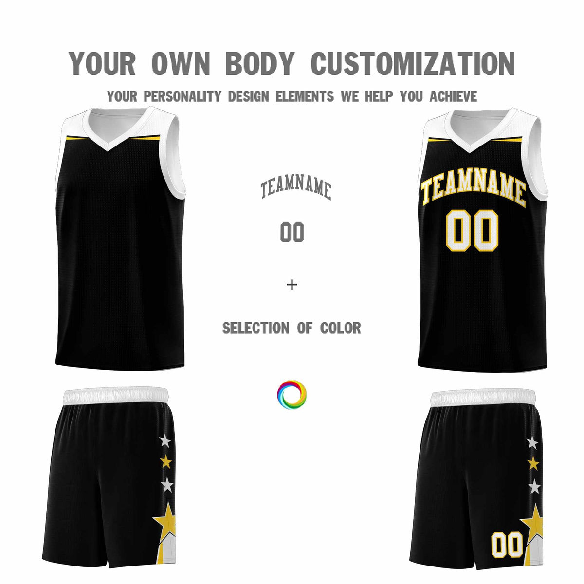 Custom Youth Basketball Uniform Black White Two Tone Side Star Add Name Number &amp; Logo