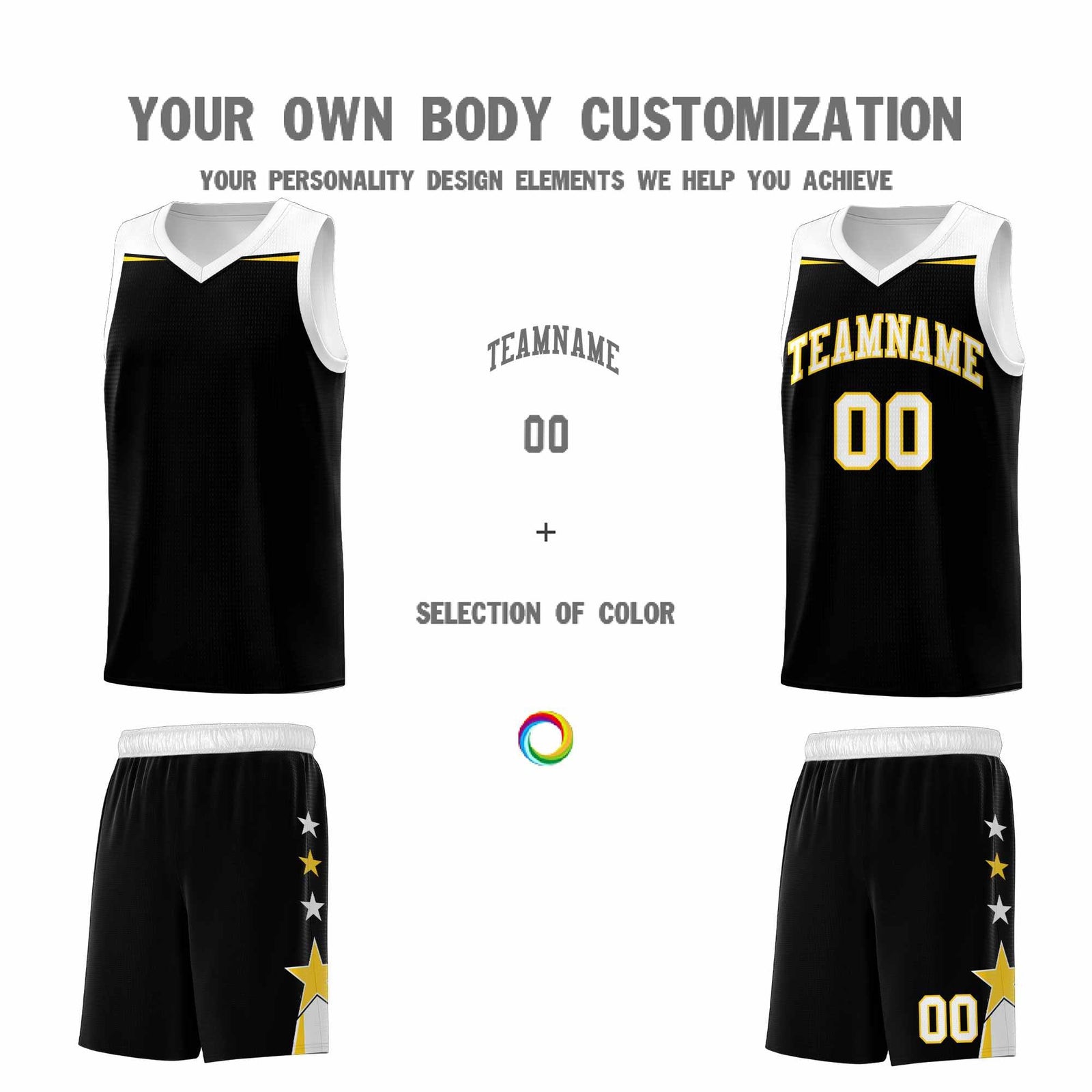 Custom Youth Basketball Uniform Black White Two Tone Side Star Add Name Number & Logo