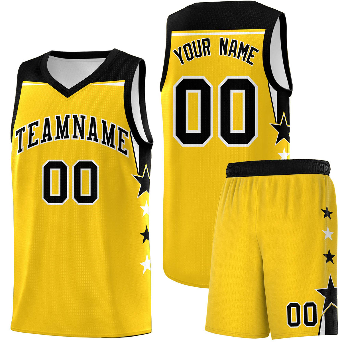 Custom Youth Basketball Uniform Gold Black Two Tone Side Star Personalized Team Jersey
