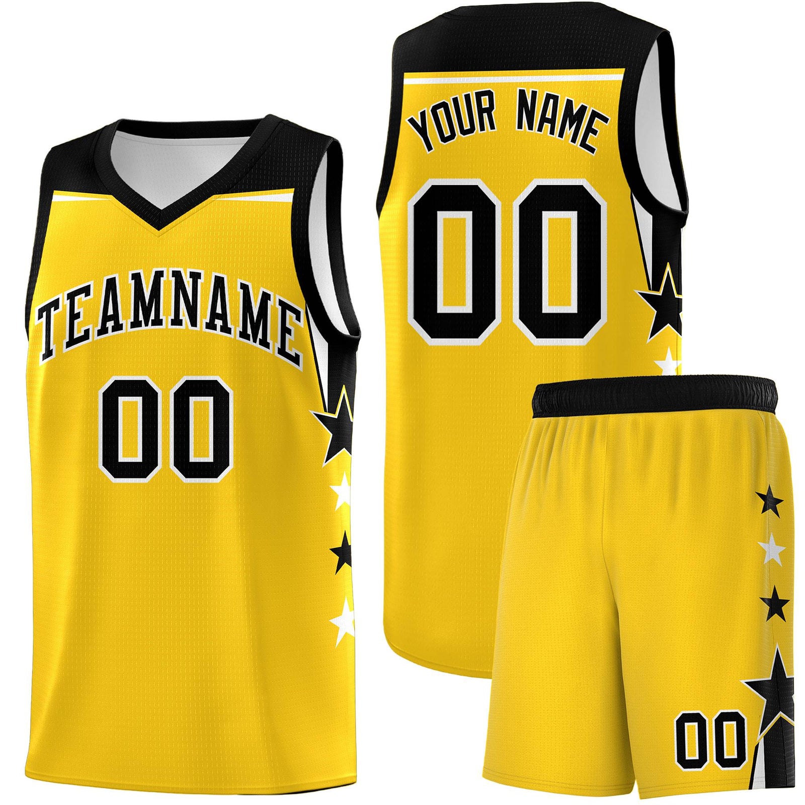 Custom Youth Basketball Uniform Gold Black Two Tone Side Star Personalized Team Jersey