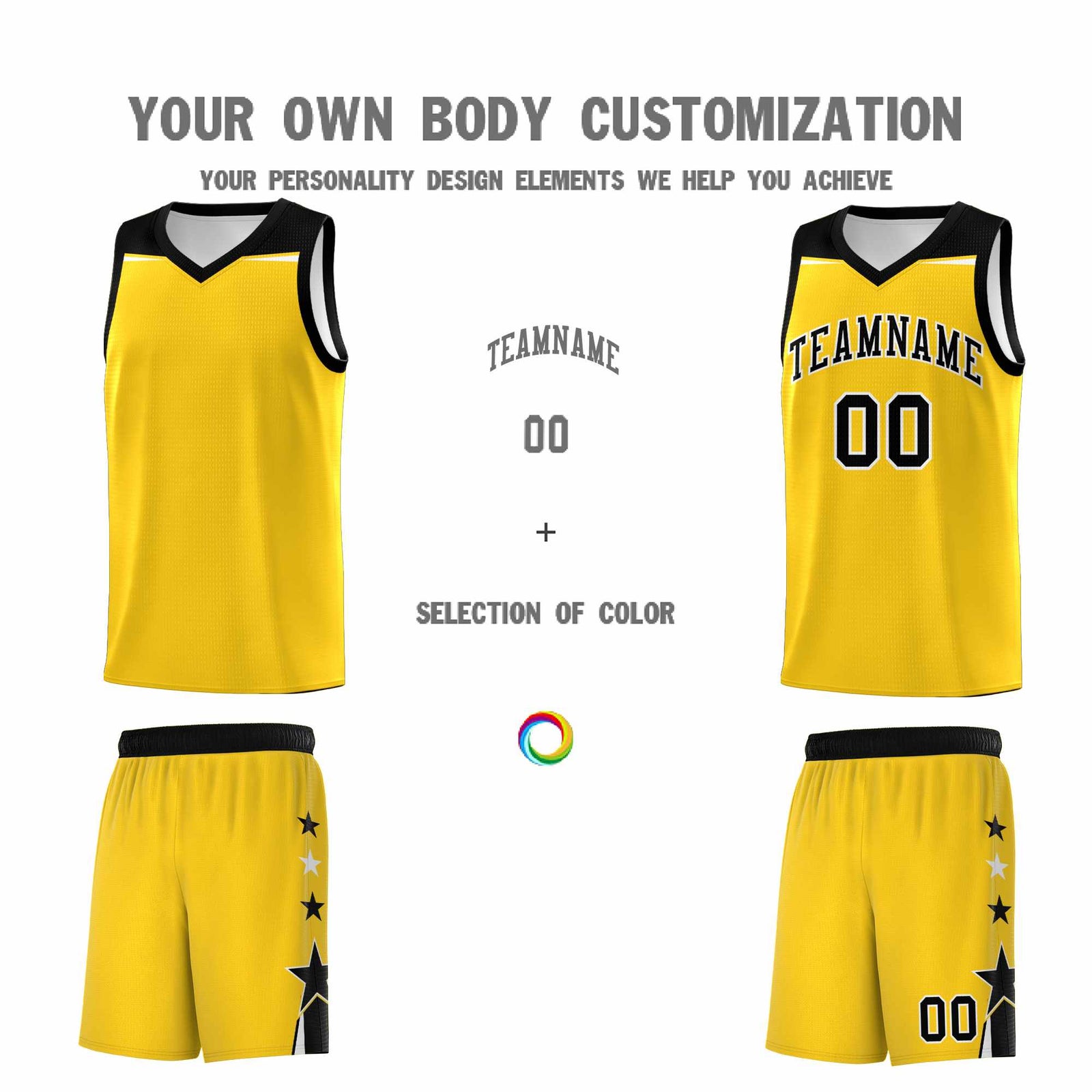 Custom Youth Basketball Uniform Gold Black Two Tone Side Star Personalized Team Jersey