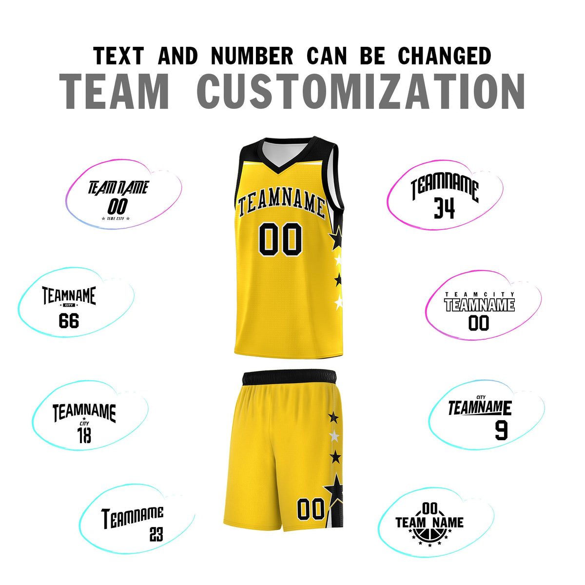 Custom Youth Basketball Uniform Gold Black Two Tone Side Star Personalized Team Jersey